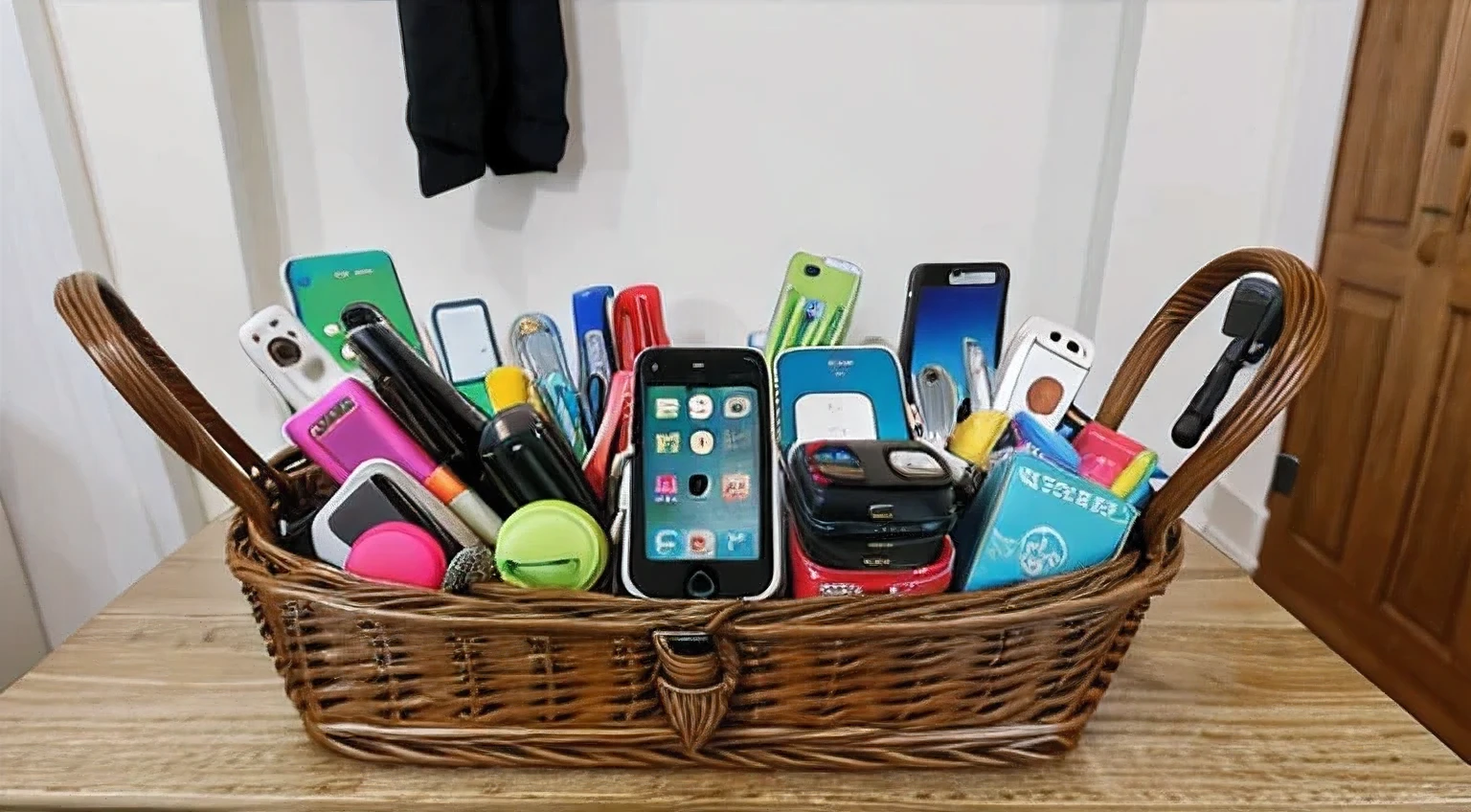 One the table one basket full filled with mobile phones