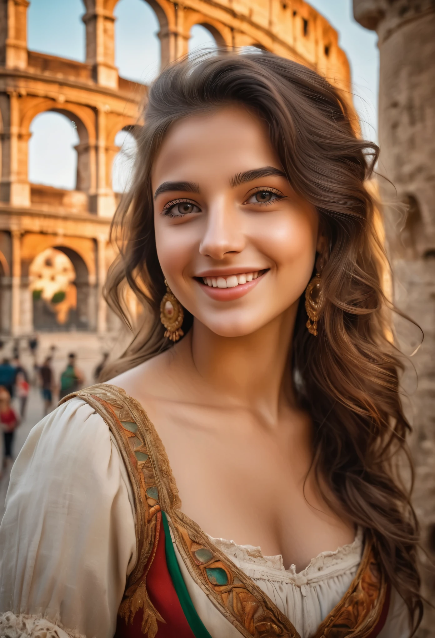(best quality,highres:1.2),ultra-detailed,historical portraits,beautiful detailed eyes,beautiful detailed lips,gorgeous Italian girls,15yo, Colosseum,memorable photo,traditional clothes,shoulder to shoulder,smiling faces,vibrant colors,medium:oil painting,soft natural light,classic composition,historical charm,authentic Italian atmosphere,impressive architecture,ancient ruins,romantic ambiance,tourist attraction,grand scale,scenic backdrop,classic poses,emotional connection,joyful moment,genuine happiness