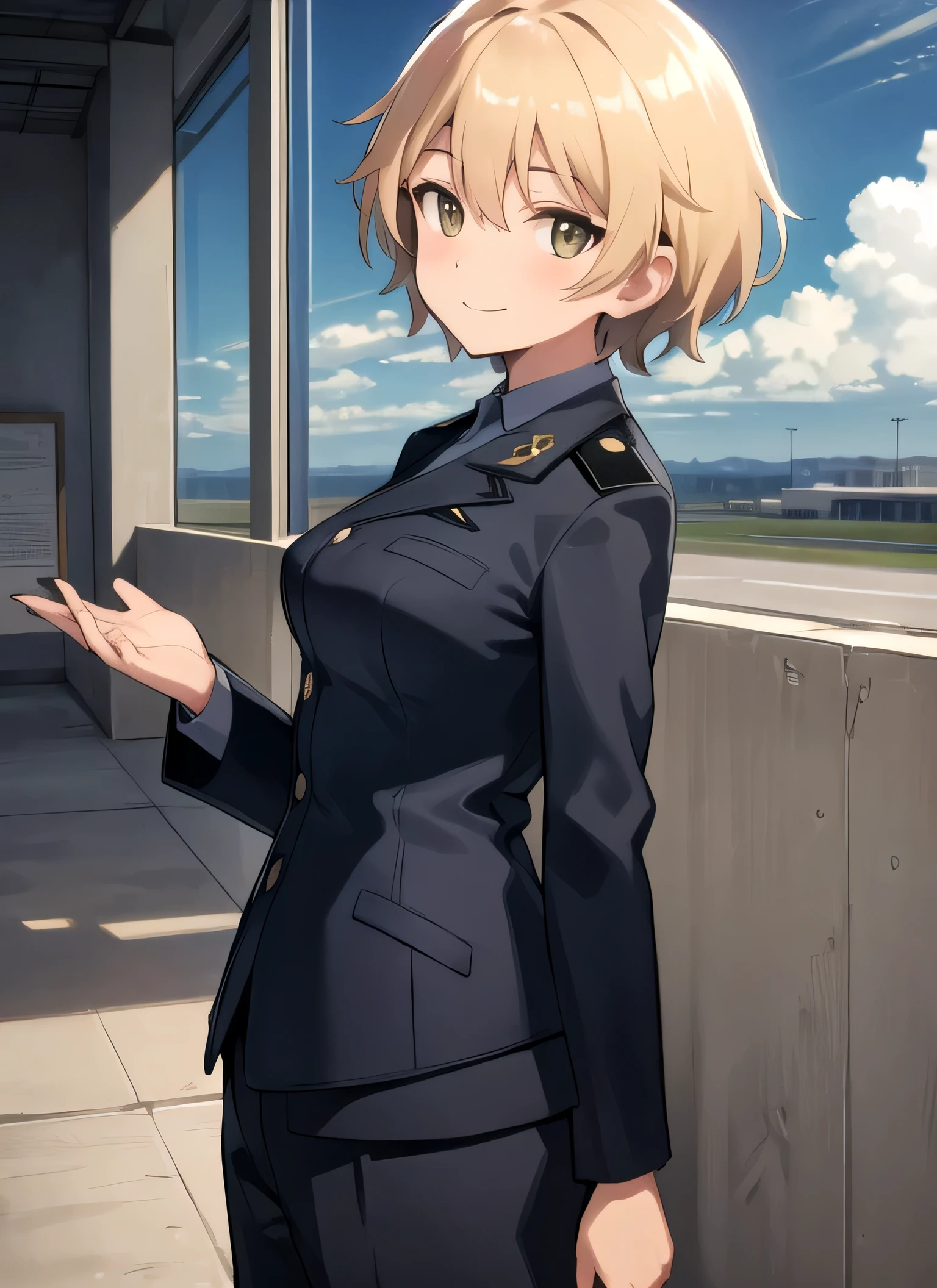 masterpiece, best quality, detailed hands, Krupinski, solo, smile, looking at viewer, military uniform, military airport, dim lighting, sky, clouds, 