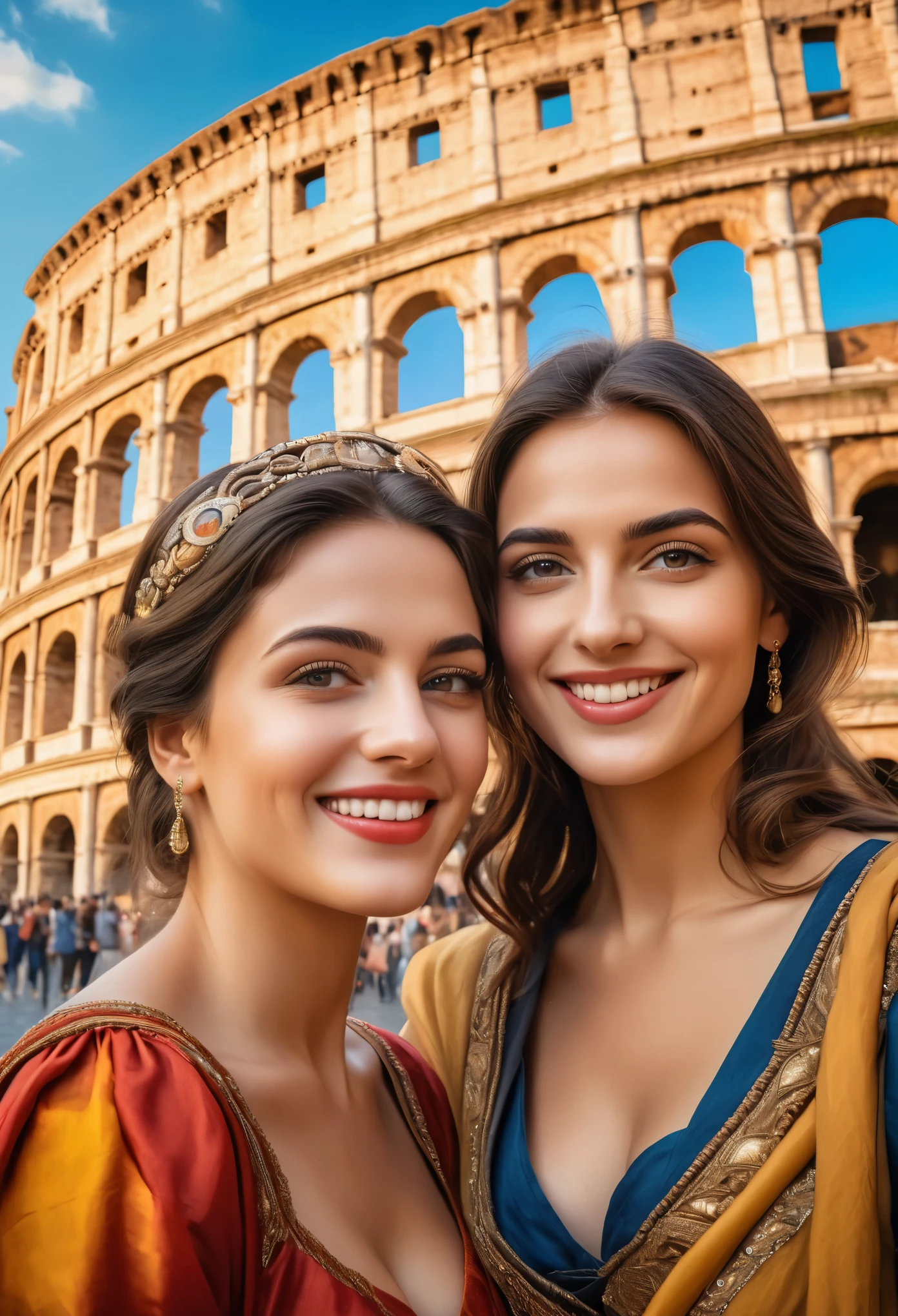 (best quality,highres:1.2),ultra-detailed,historical portraits,beautiful detailed eyes,beautiful detailed lips,gorgeous Italian girls,Colosseum,memorable photo,traditional clothes,shoulder to shoulder,smiling faces,vibrant colors,medium:oil painting,soft natural light,classic composition,historical charm,authentic Italian atmosphere,impressive architecture,ancient ruins,romantic ambiance,tourist attraction,grand scale,scenic backdrop,classic poses,emotional connection,joyful moment,genuine happiness