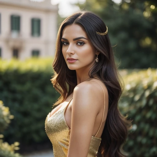 ((best quality)), ((masterpiece)), (detailed), perfect face Beautiful stunning perfect face, long_hair, bright green eyes, elongated slim face, gorgeous, stunning adult 35 year old woman, photograph of Maria Fumagelli, standing at a crowded party in the garden of a mansion in Milan, other people blurred in background, entire body, white revealing outfit with gold details, dramatic pose, cleavage, slender legs, hot girl, Italian features (masterpiece), standing, perfect happy woman, extremely detailed photo of a strikingly stunning woman, hyper-detailed full body shot of a woman, photographed on a Sony a7iv, 50mm lens, F/1.8 HDR, (cinematic lighting), (dramatic lighting), (sharp focus), (intricate), fashion, realistic skin texture, (( perfect anatomy)), ((detailed face:1.2)), ((detailed facial features detailed skin), masterpiece), (perfect proportion), (realistic photo), (best quality: 1.6), (detailed) image depicts a person with a clear complexion and a striking appearance. facial features include arched eyebrow, expressive eyes with dark mascara, and a subtle cat-eye liner. Eyeliner to accentuate her bright green eyes. Vibrant lipstick. The skin is smooth and has a matte finish, suggesting the use of foundation. The lighting is soft and diffused, providing an even illumination across the person's face and upper body without harsh shadows