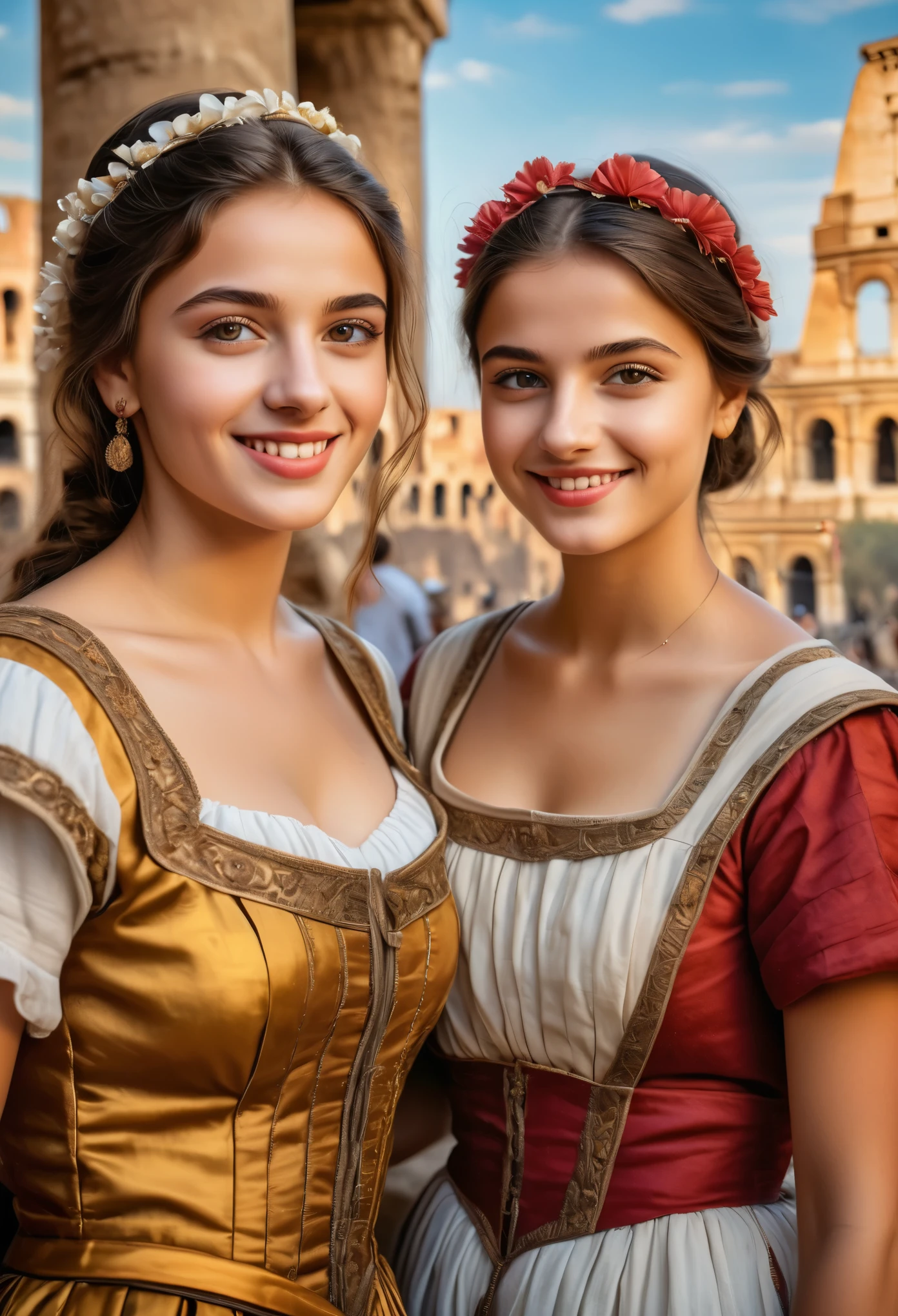 (best quality,highres:1.2),ultra-detailed,historical portraits,beautiful detailed eyes,beautiful detailed lips,gorgeous Italian girls,, Colosseum,memorable photo,traditional clothes,shoulder to shoulder,smiling faces,vibrant colors,medium:oil painting,soft natural light,classic composition,historical charm,authentic Italian atmosphere,impressive architecture,ancient ruins,romantic ambiance,tourist attraction,grand scale,scenic backdrop,classic poses,emotional connection,joyful moment,genuine happiness