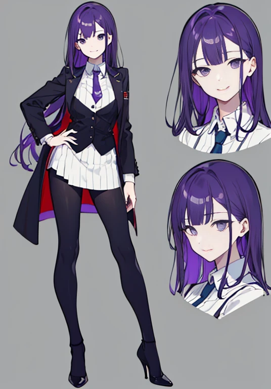 ((Perfect Face)),Purple Hair,Semi-long hair,1 female,bartender,suit,Black vest,Shirt with rolled up sleeves,tie,High heels,,((Simple Background)),smile,((whole body)),((full body)),Portraiture,virtual,upright,,Standing upright with face and body facing forward,