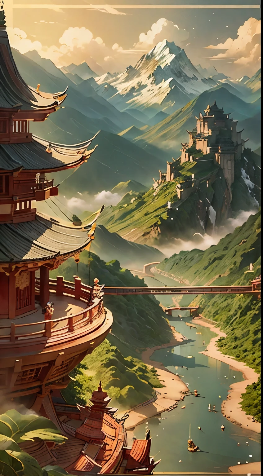 Surrounded by mountains and rivers, The sky is high and cloudy, Zongzi dragon boat racing, Water navigation. The distant view is mountains and water, The close-up pavilion corresponds to the lotus. Poster background image, three dimensional, The atmosphere is eye-catching.