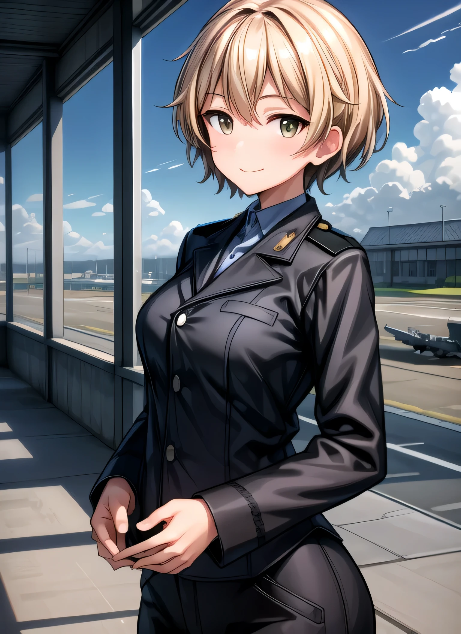 masterpiece, best quality, detailed hands, Krupinski, solo, smile, looking at viewer, military uniform, military airport, dim lighting, sky, clouds,
