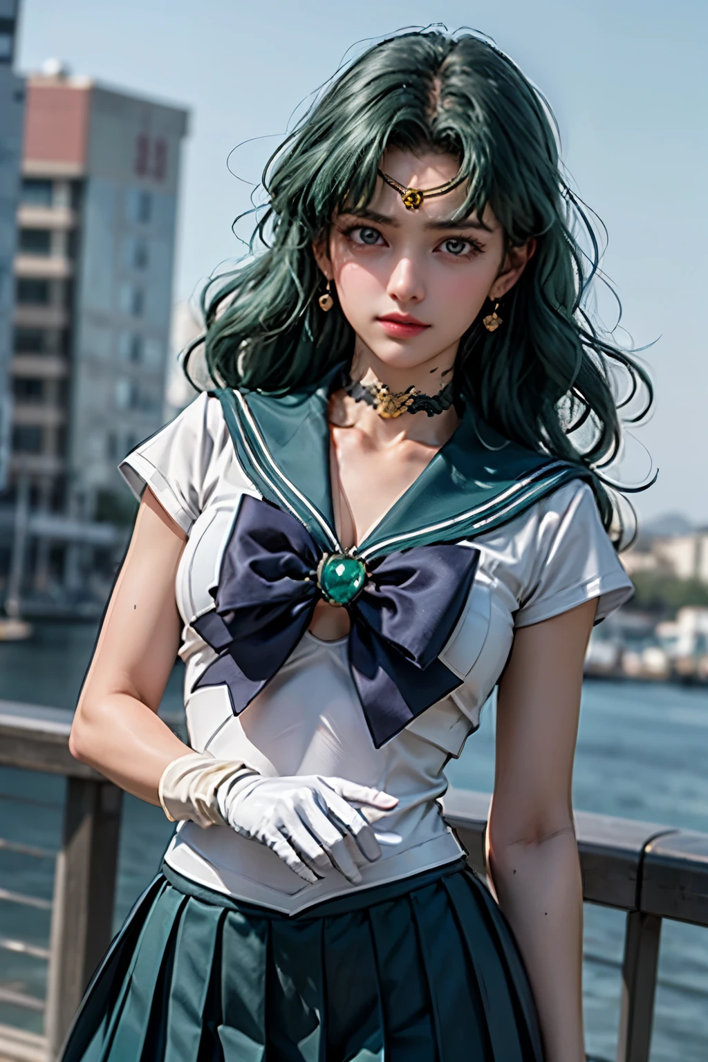 close up, 1 girl, sailor neptune, (sailor senshi:1.2), (aqua eyes:0.9), dark green hair, medium hair, Wedge skirt, best quality, earrings, masterpiece, high resolution, intricate details, (Reality), photography, (white elbow gloves:1.1), jewelry, medium breasts, whole body, dynamic background, dynamic poses,(masterpiece:1.3), (8K, Realism, 原始photography, Top image quality: 1.4)