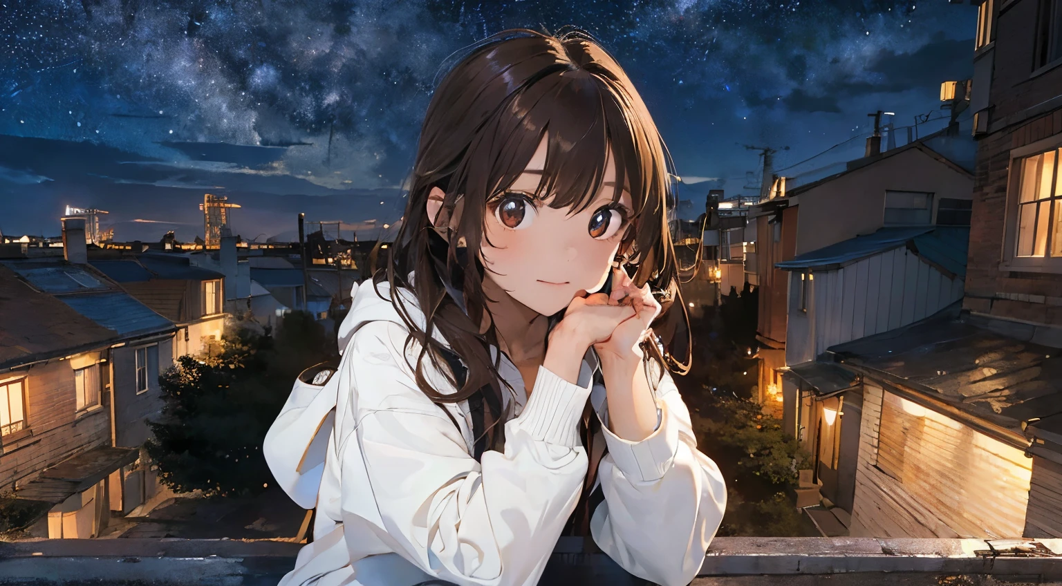 1 girl, full body, more distant view, and cute, city street, brown hair, masterpiece, exquisite, urban architectural lighting, white hoodie, heterochromatic pupils, 45 degree starry sky above, lofty and cold expression, sitting on garage roof, slightly longer cuffs