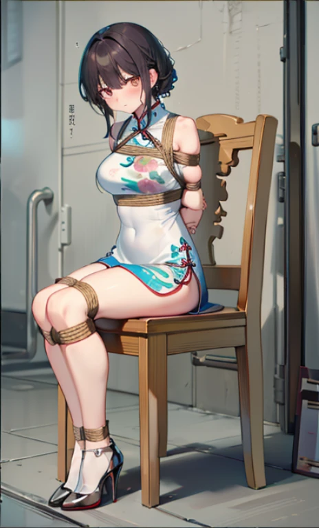 masterpiece, best quality,Solitary,Anatomically sound((captivity)),((blush)), (()), (()),((Exhausted)),((High heel)),((cheongsam)), (((()))),((arms_behind_Back)),((Keep your legs together)), ((Bondage)),((Chai Li)),((Tightly bound))