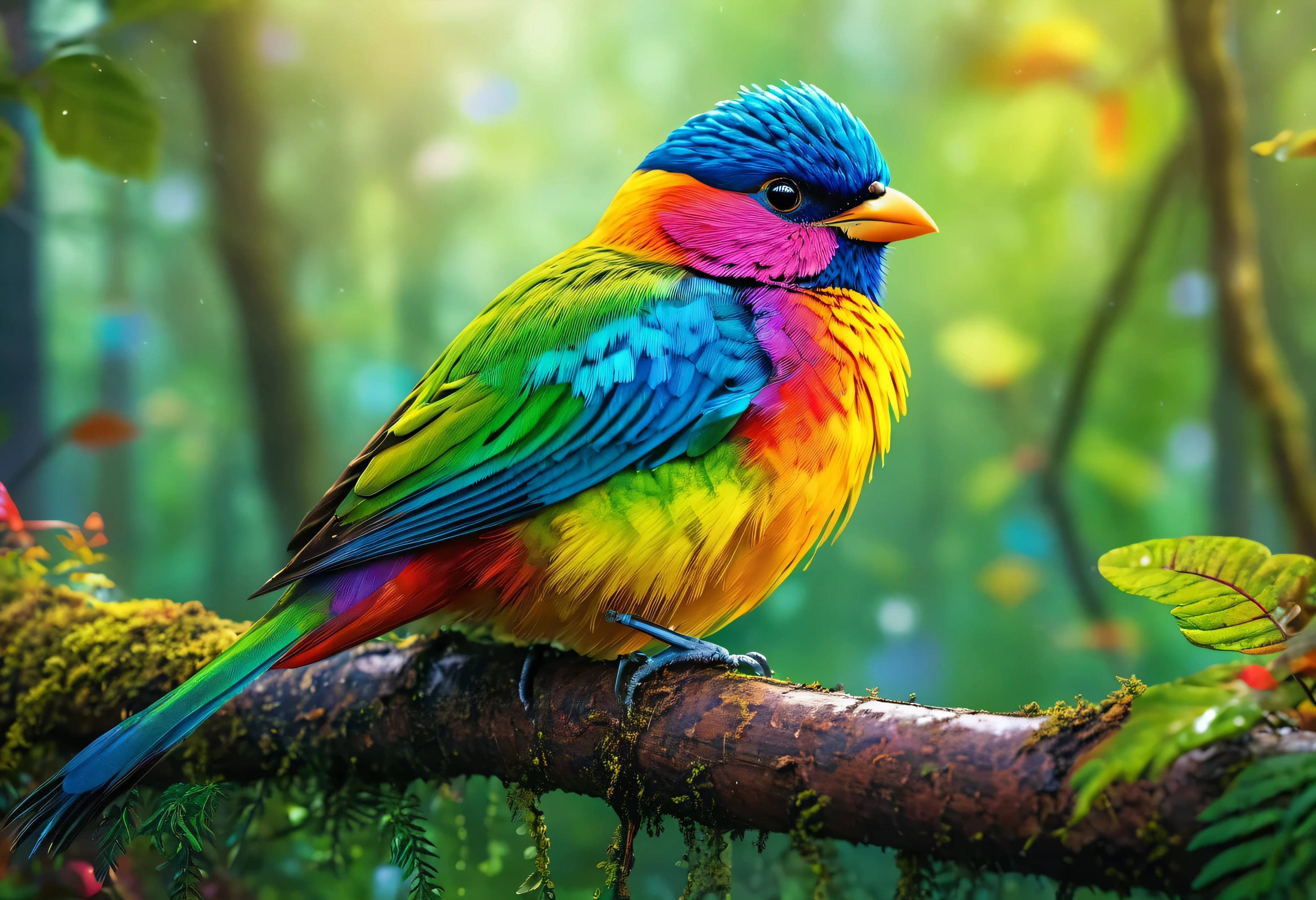 One beautiful bird, high resolution, high quality, master piece, cute photo, 8K, rainbow color, in the forest