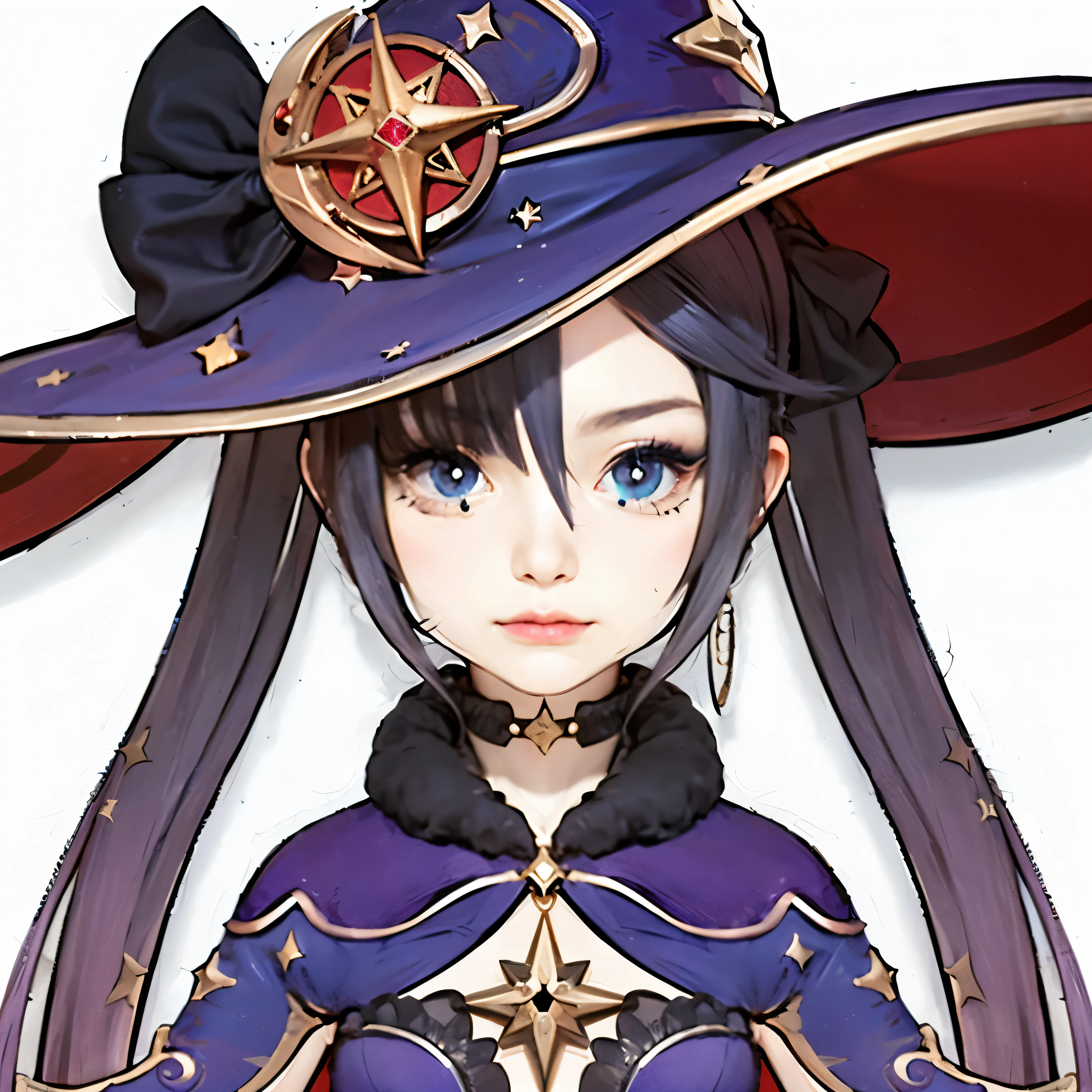 a realistic girl,close up of a beautiful character wearing a hat, purple - haired mage,twin tail,realistic hair, flirty witch casting magic, mechanized witch girl, astral witch clothes, dark witch character, witch girl, witch academia