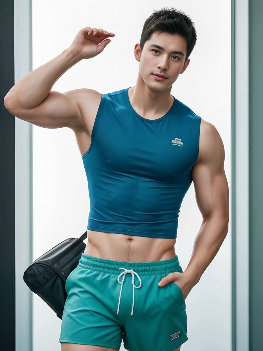 Firefighter in his 20s，Full chest muscles，Has short black hair， blue eyes，Sexy and charming expression，Wear green training clothes、Blue shorts, The large crotch bag is the highlight，high resolution, masterpiece, best quality, head:1.3,((Hasselblad Photo)), delicate skin, Stay focused, (Movie Lighting), night, soft light, Dynamic angle, [:(Delicate face:1.2):0.2],(((exercise))), kinetic, Arm muscles are big, hands on hips.
