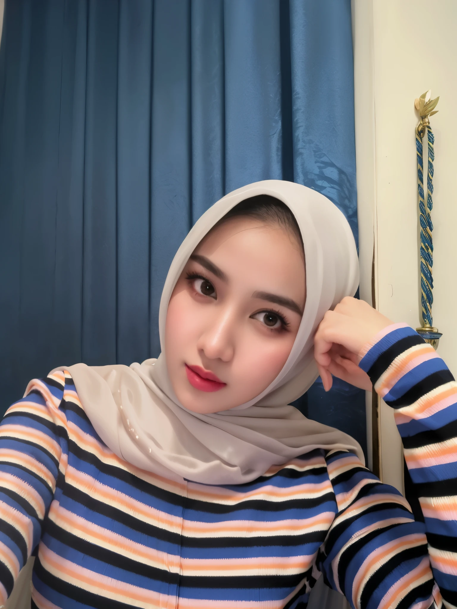RAW photo of a 24 year old girl wearing hijab, satin abaya sexy sea foam , satin, hijab face portrait,((tp background)), 8k uhd, dslr, soft lighting, high quality, film grain, Fujifilm XT3, covered dress, patterned dress, gigantic breasts:1.5