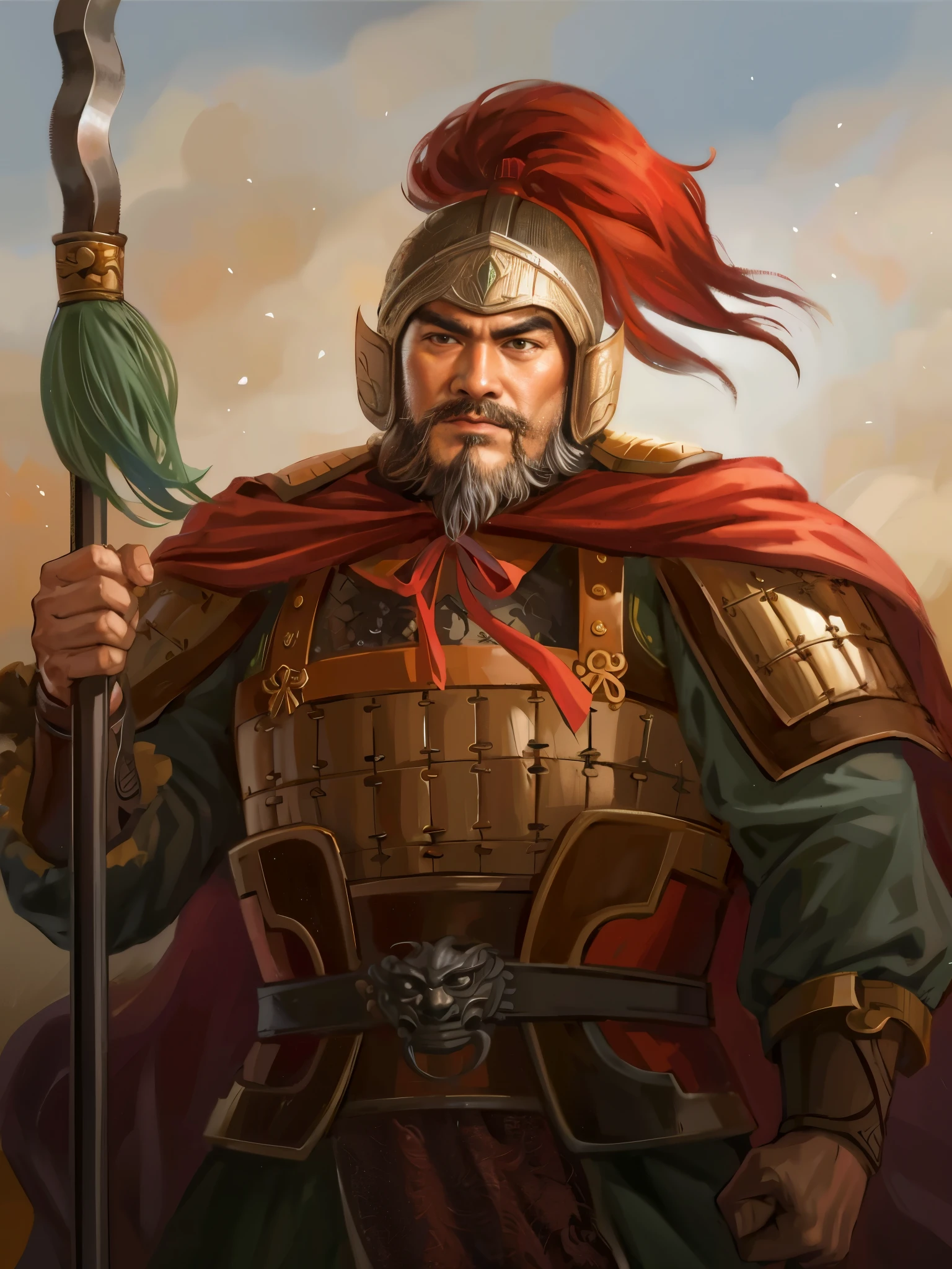 Close-up of a man in armor holding a broom, guan yu, bian lian, Inspired by Hu Zaobin, feng shu, Inspired by Li Kan, Inspired by Huang Shen, hua cheng, inspired by Huang Ding, Mongol, Inspired by Dong Yuan, inspired by Cao Zhibai, Inspired by Wu Bin, donglu yu, Inspired by Lu Zhi