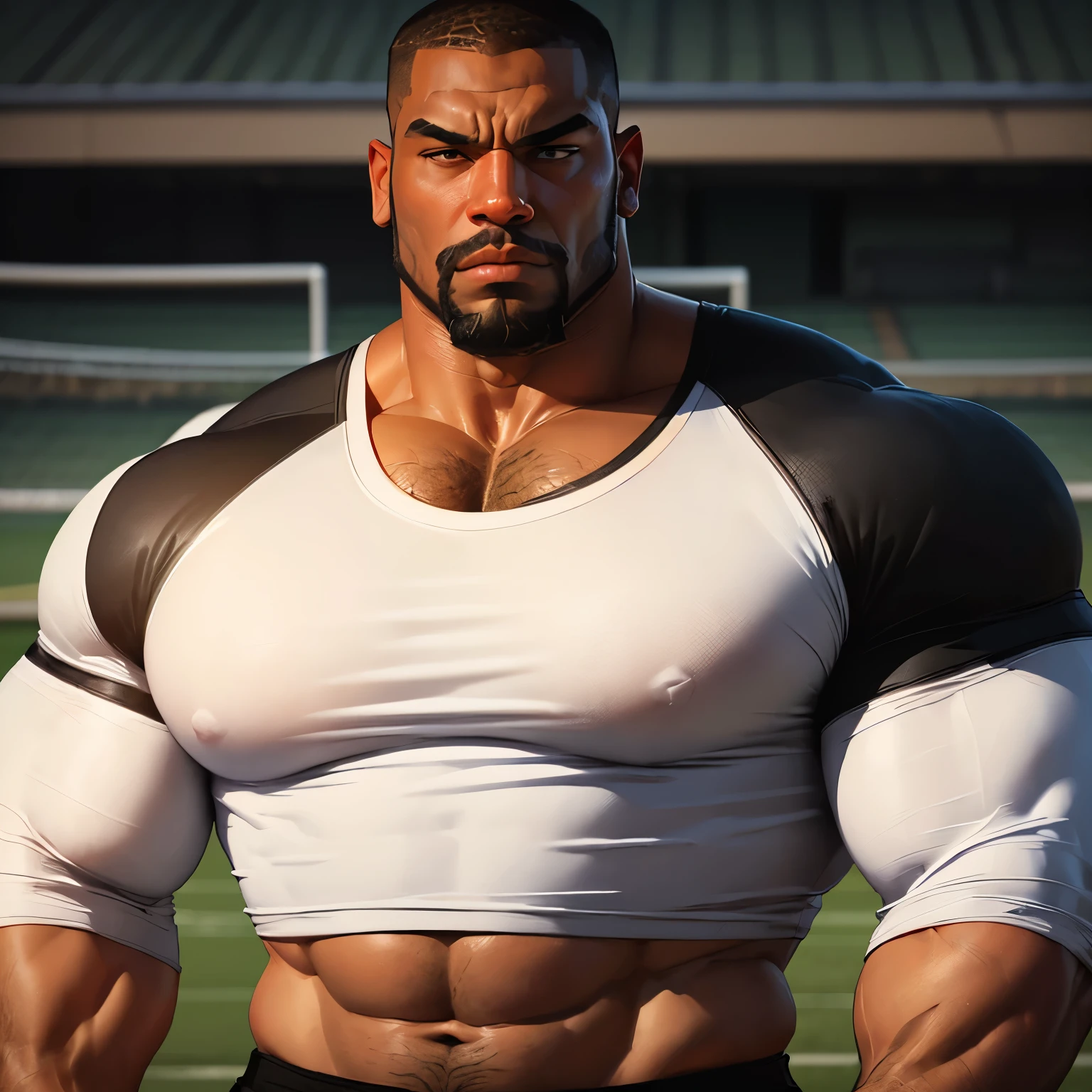 an exaggeratedly muscular and large bodyguard, beefy build, beard, dark-skinned african american male, buzzcut hair with square line, (stern expression: 1.2), (wearing white and black raglan shirt: 1.2), (shirt showing midriff:1.1), school logo on shirt, (bara pecs: 1.3), (arm and chest hair: 1.1), close-up portrait HD, (cowboy angle), (sports field)