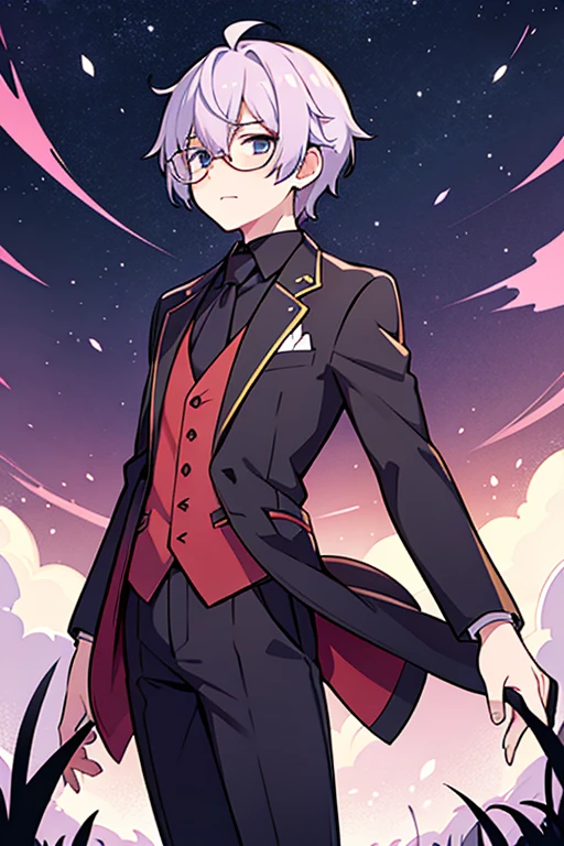 anime,manga,,((male)),(1male), solo,very short hair,pastel purple hair,glasses,suit