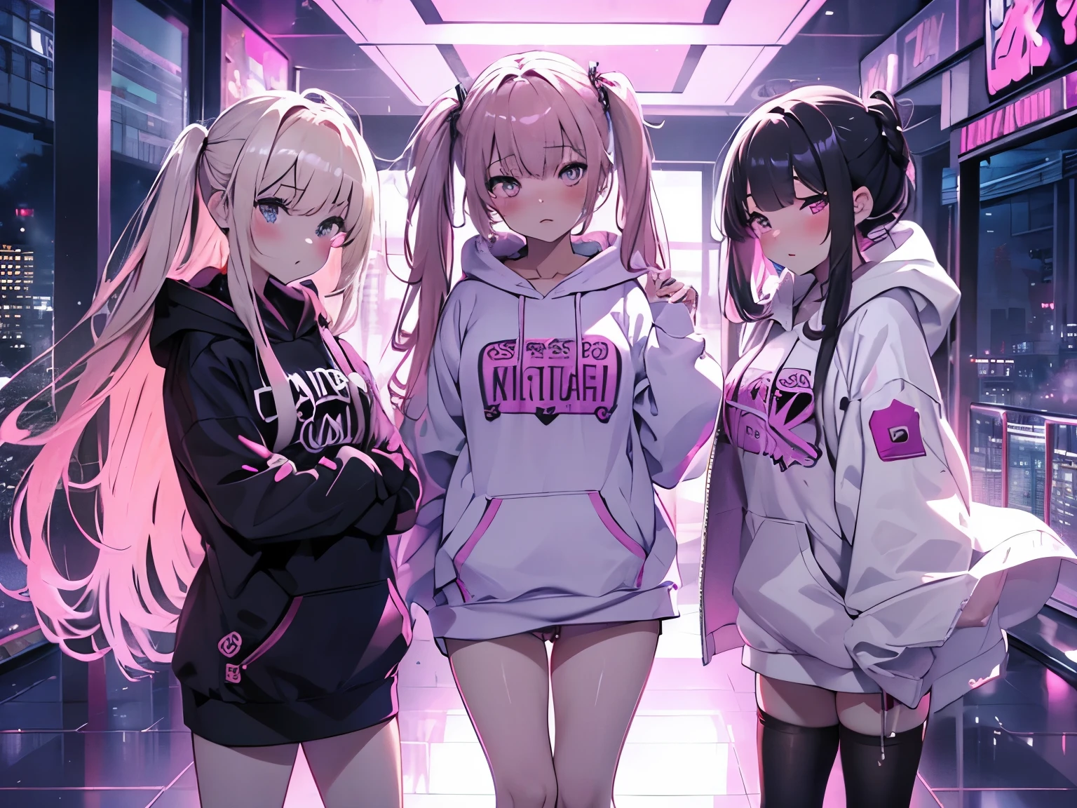 highest quality, More detailed, 8K, Bright city, (Three Girls), big hoodie, Dabo Dabo hoodie, naked, whole body, (blush:1.2), (Pussy juice:1.4), (Sexual pleasure expression:1.4), high school girl, Spreading her legs, nsfw
