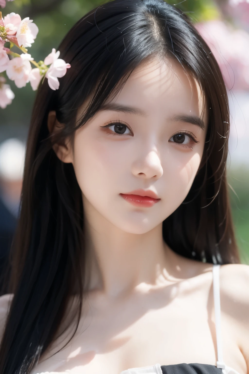 A 20-year-old woman with the cute face of an idol who looks .。Gentle and cute。She is crying and the tears are running down her cheeks。Her bust is a little large in a bikini　A beautiful park with lots of cherry blossoms　Raw photo　Real　Genuine　Real Life　No copyright notice