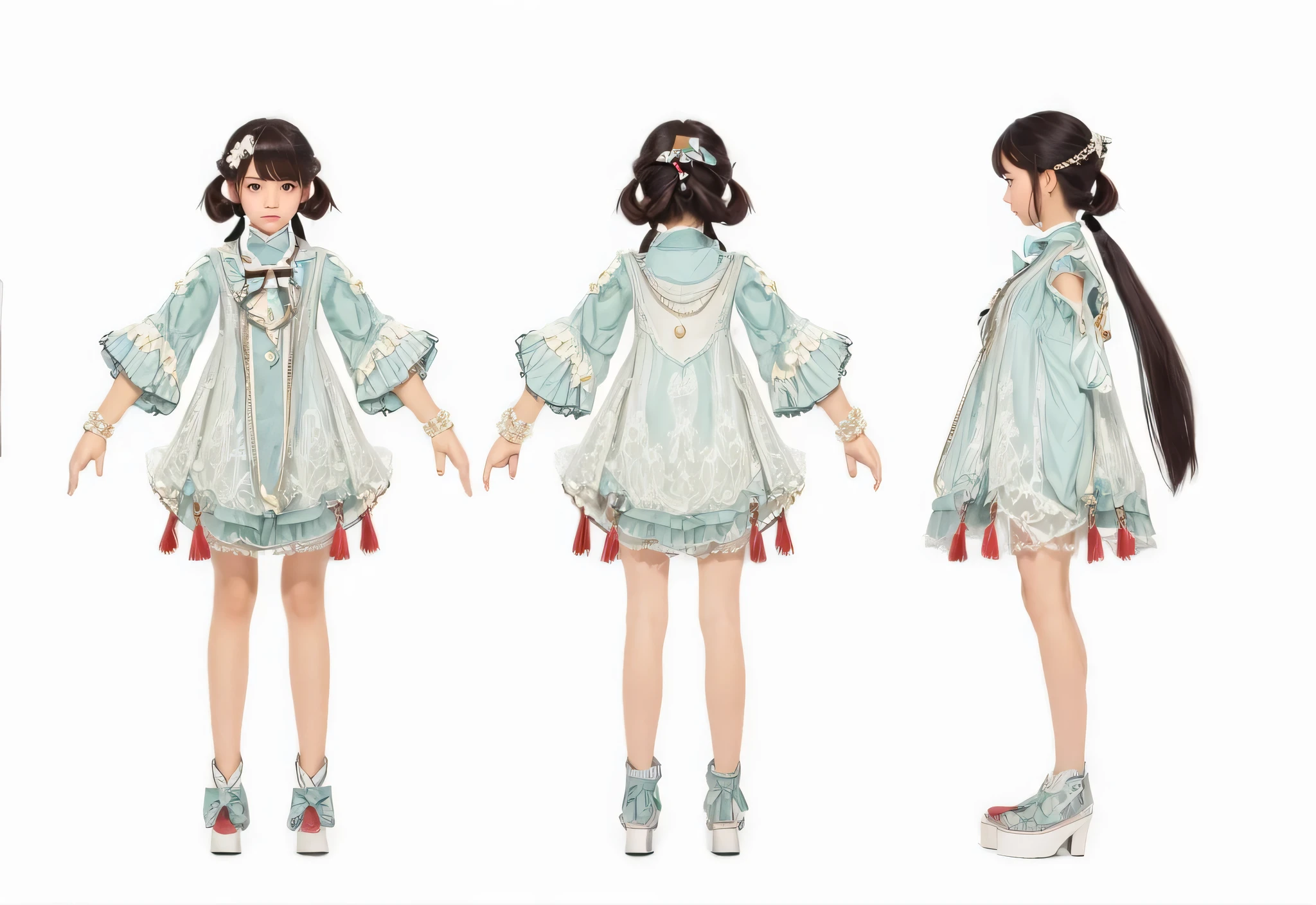 A cute cartoon 1P girl in Dunhuang costume, China, front rear three view, front rear three view, wearing cute embroidered shoes, dark background, dark background, Dunhuang color scheme, Pixar style, 3D, octane rendering, bright movie light, quarter triangle, premium color scheme, high detail, complex details