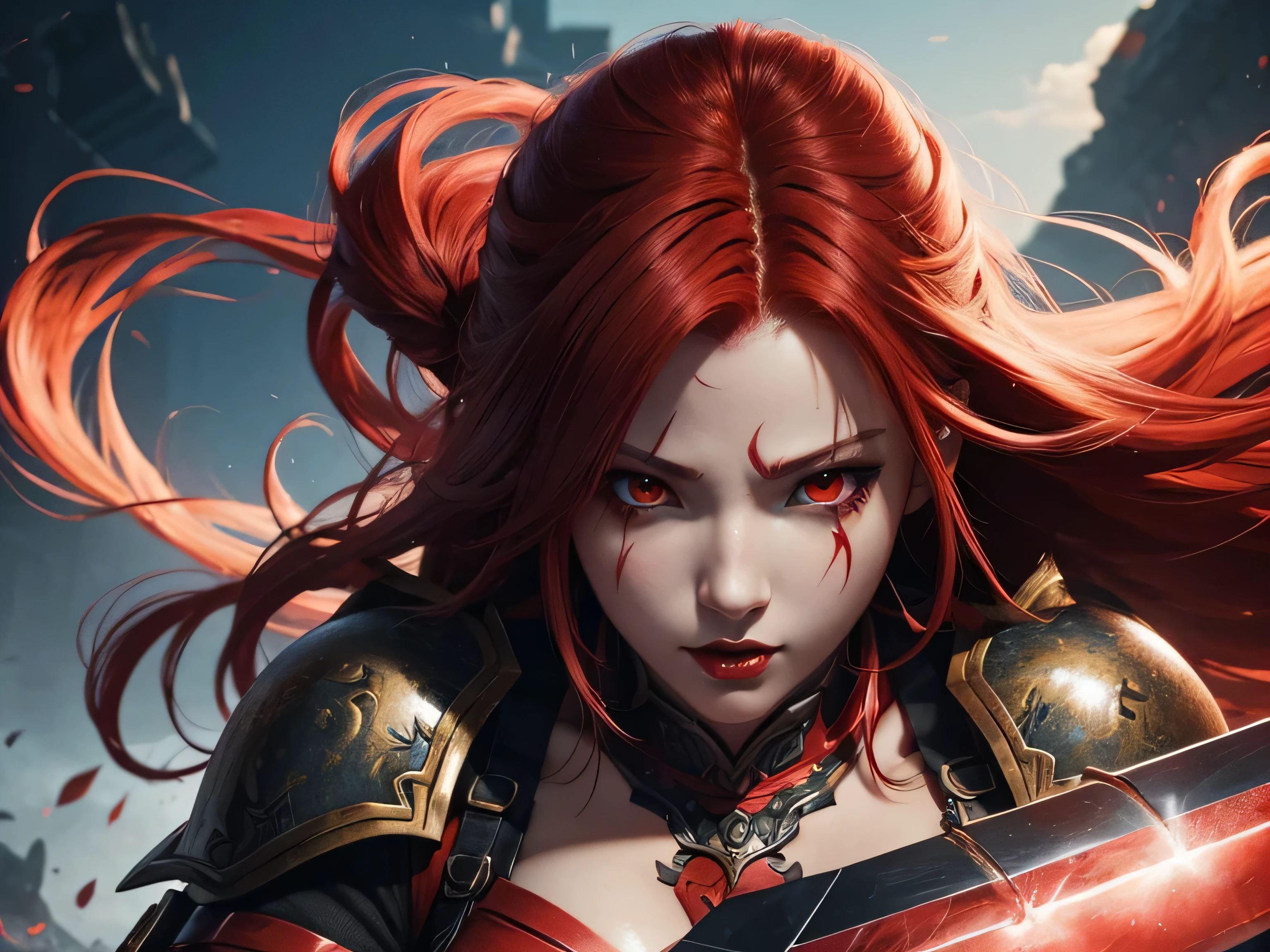 A view of full body. beatiful anime girl warrior (with red hair red eyes red eyeshadows red lipstick with cute scar near right eye and mouth dressed in sexy red armor dress with white parts), Girl is fight beast monster on the battlefield, Girl eminates red aura of madness, holding huge greatsword, red aura of madness around the girl, beautiful anime artwork, anime fantasy illustration, digital art , a beautiful artwork illustration, detailed art, beautiful anime art, anime fantasy artwork, gorgeous berserker girl with a greatsword illustration, detailed beautiful face, cute red hair women, 4k, digital art, best quality