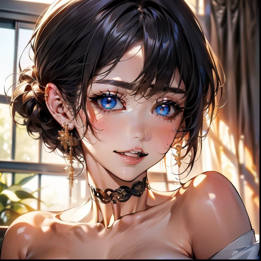 ((masterpiece, best quality, ultra-detailed, high resolution, extremely detailed CG, super detailed, Most beautiful clean lighting)), 1girl, small girl, under 12, cute girl, pretty face, smile, white skin, Beautiful black hair, hair cut in a row, bob cut, straight hair, black eyes, kawaii, slender, small build, ((flat chest, nsfw, topless, expose breasts)),