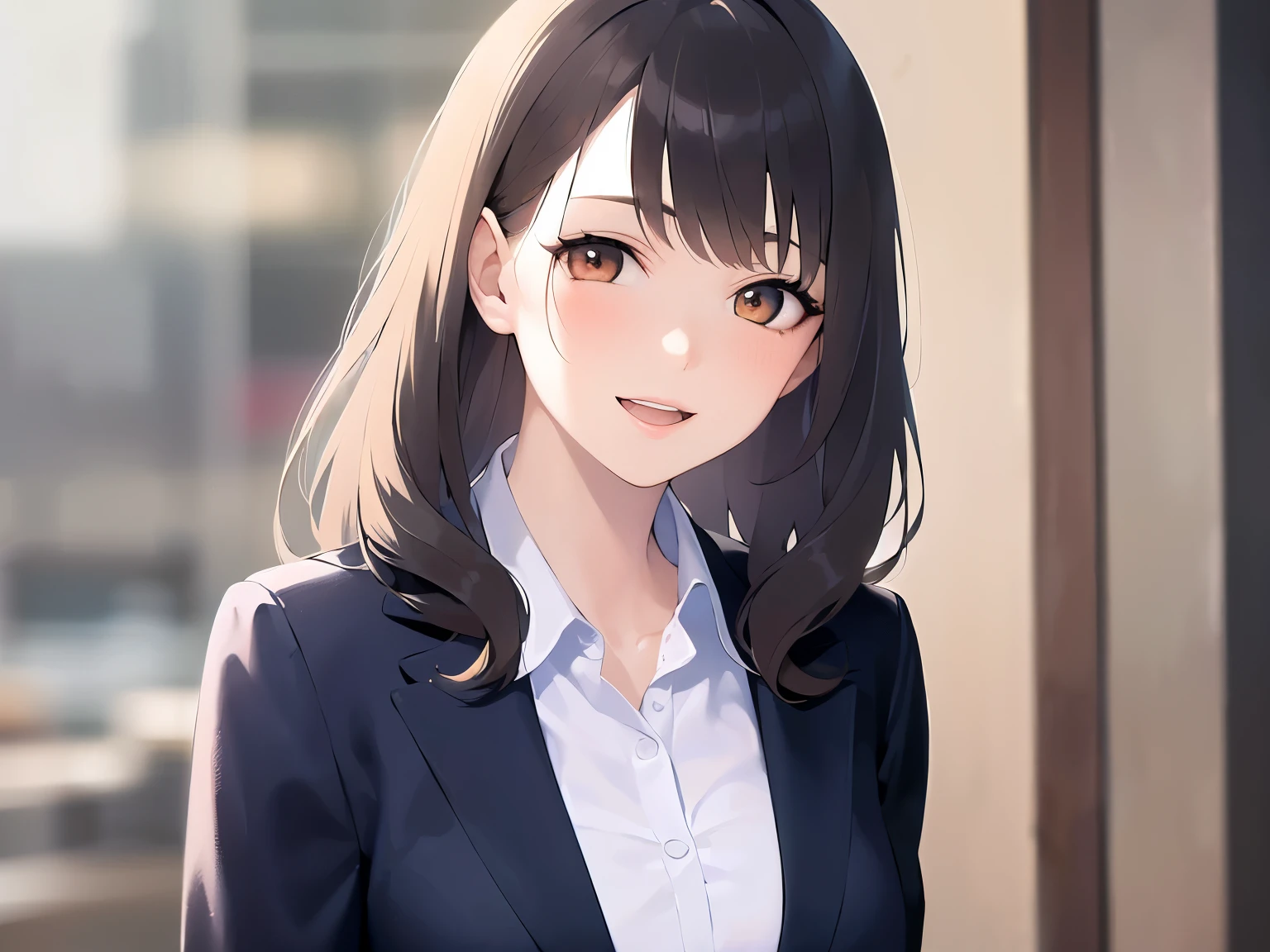 Upper Body, Realistic, real person, (pale skin: 1.2), RAW photo, photorealistic, portrait photography, shiny skin, shiny hair、(25 year old woman with medium hair with bangs) and (wavy hair) and (brown hair) and (orange eyes) , (Wearing a business suit:1.5) and (Wearing a white collared shirt)、(smile, blush:1.3), open mouth, The background is the office、Alone、Are standing、