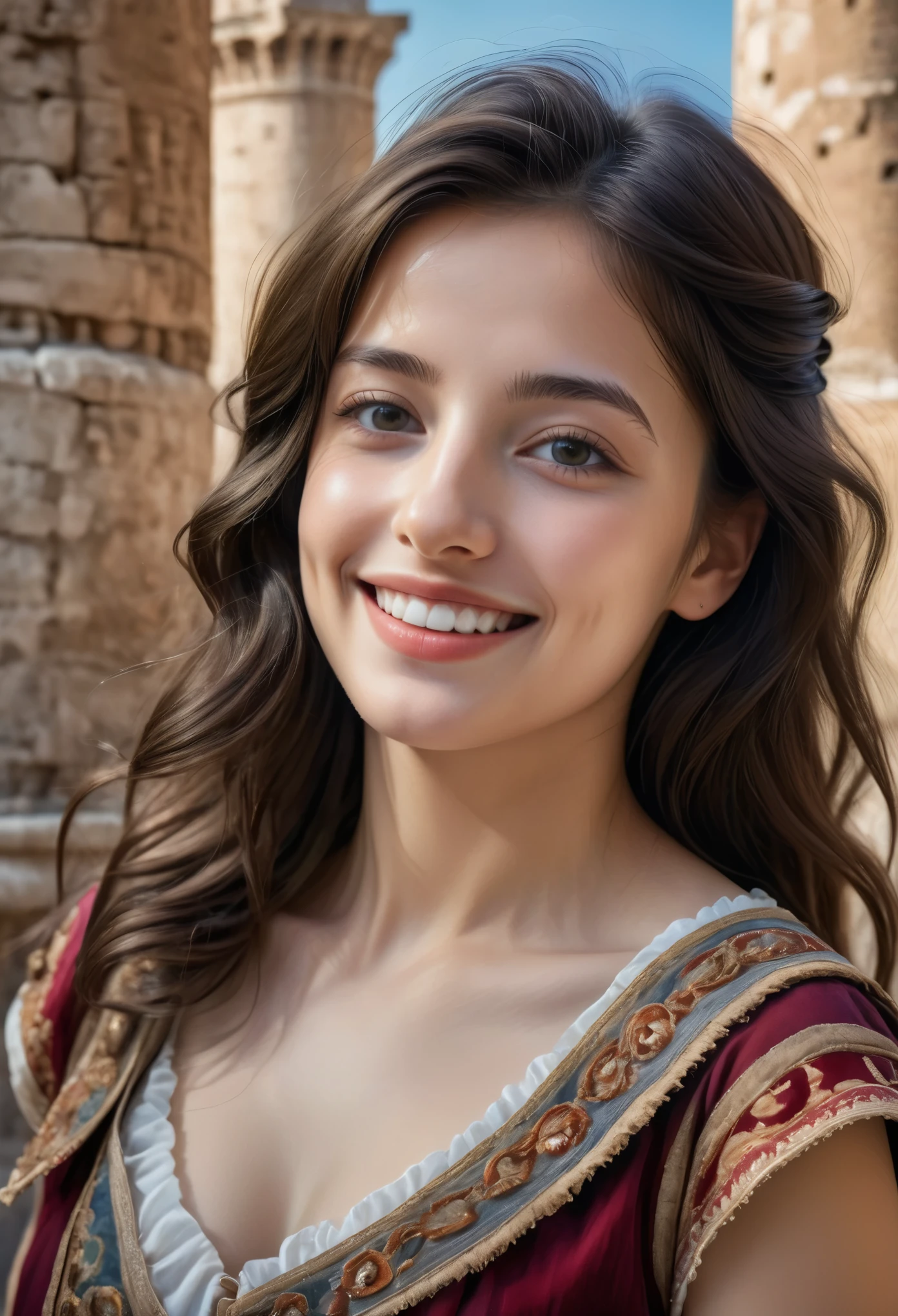 (best quality,highres:1.2),ultra-detailed,historical portraits,beautiful detailed eyes,beautiful detailed lips,gorgeous Italian girls,15yo, Colosseum,memorable photo,traditional clothes,shoulder to shoulder,smiling faces,vibrant colors,medium:oil painting,soft natural light,classic composition,historical charm,authentic Italian atmosphere,impressive architecture,ancient ruins,romantic ambiance,tourist attraction,grand scale,scenic backdrop,classic poses,emotional connection,joyful moment,genuine happiness