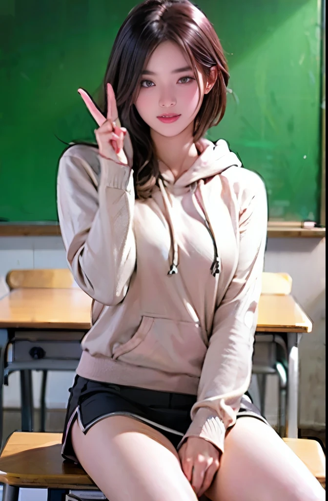 1 Girl、A boyish beautiful girl with short black hair、Baby Face、Looks young、slender、peace sign、healthy thighs、hoodie、Miniskirt、Knee-high、Anatomically correct、precise fingers、exact limbasterpiece、Photorealism、In the classroom、