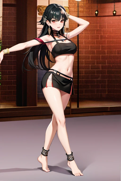 exotic,Gypsy girl,Black long straight,Concave and convex,face,barefoot,Long legs,Meat Leg,miniskirt,Navel,Mesh socks,Dancer