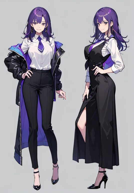 ((Perfect Face)),Purple Hair,Semi-long hair,1 female,bartender,suit,Black vest,Shirt with rolled up sleeves,tie,High heels,,((Simple Background)),smile,((whole body)),((full body)),Portraiture,virtual,upright,,Both arms are down,Standing upright with face and body facing forward,