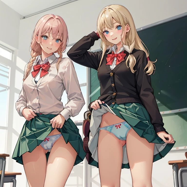 ((2 girls))、(smile:1.5)、Small breasts、(Cowboy Shot)、(fun!!)、(cardigan)、(Blonde)、(blush:1.4)、、(single braid)、(Eye highlights:1.3)、blake black shoes,(黒いskirt)、bow, button, shirt with collar, Long sleeve, ((red bow tie, , Black jacket, Open jacket, 茶色のcardigan, white shirt, 黒のskirt, チェック柄のskirt、white socks)),, shirt,, skirt, socks, Thighs, white shirt, Rest indoors, ((classroom:1.5))、 BREAK while watching the audience、(skirtを掴む:1.0)、 (Perfect hands, Perfect Anatomy),Cowboy Shot、(skirt lift:1.3),(Highly detailed panties:1.3)、(Highly detailed panties:1.3)、、(skirt that rolls up:1.3)、(Full-fledged panties:1.5)、Light blue eyes、