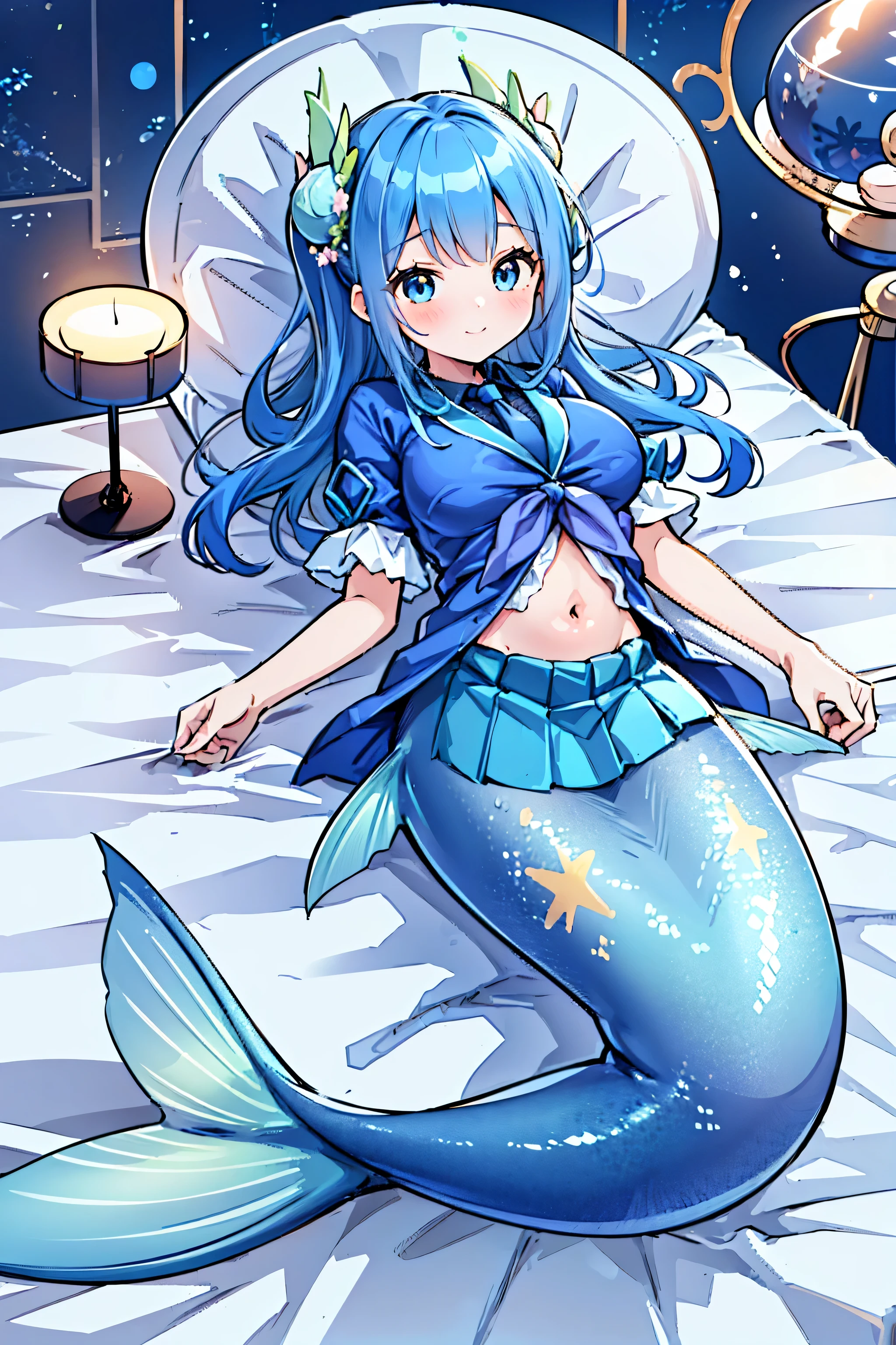 masterpiece, best quality,a woman,Large Breasts,Mermaid,Blue shirt,Blue Skirt,Blue Mermaid Tail,full-body shot,for the audience,Get posed,Lying in bed,charming face(Kawaii, charming,Soft)