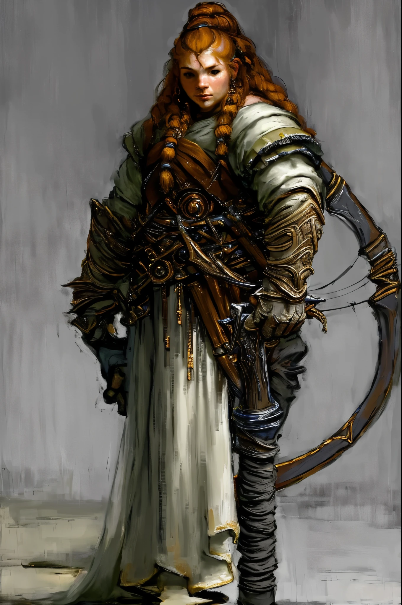 modelshoot style, (extremely detailed CG unity 8k wallpaper), full shot body photo of the most beautiful artwork in the world, short male (Dwarf), (ranger), ranger cloth, fantasy medieval era, portrait painting by Titian, Rembrandt van Rijn, by Jeremy Mann, Greg Manchess, Antonio Moro, trending on ArtStation, trending on CGSociety, Intricate, High Detail, Sharp focus, dramatic, simple grey color background