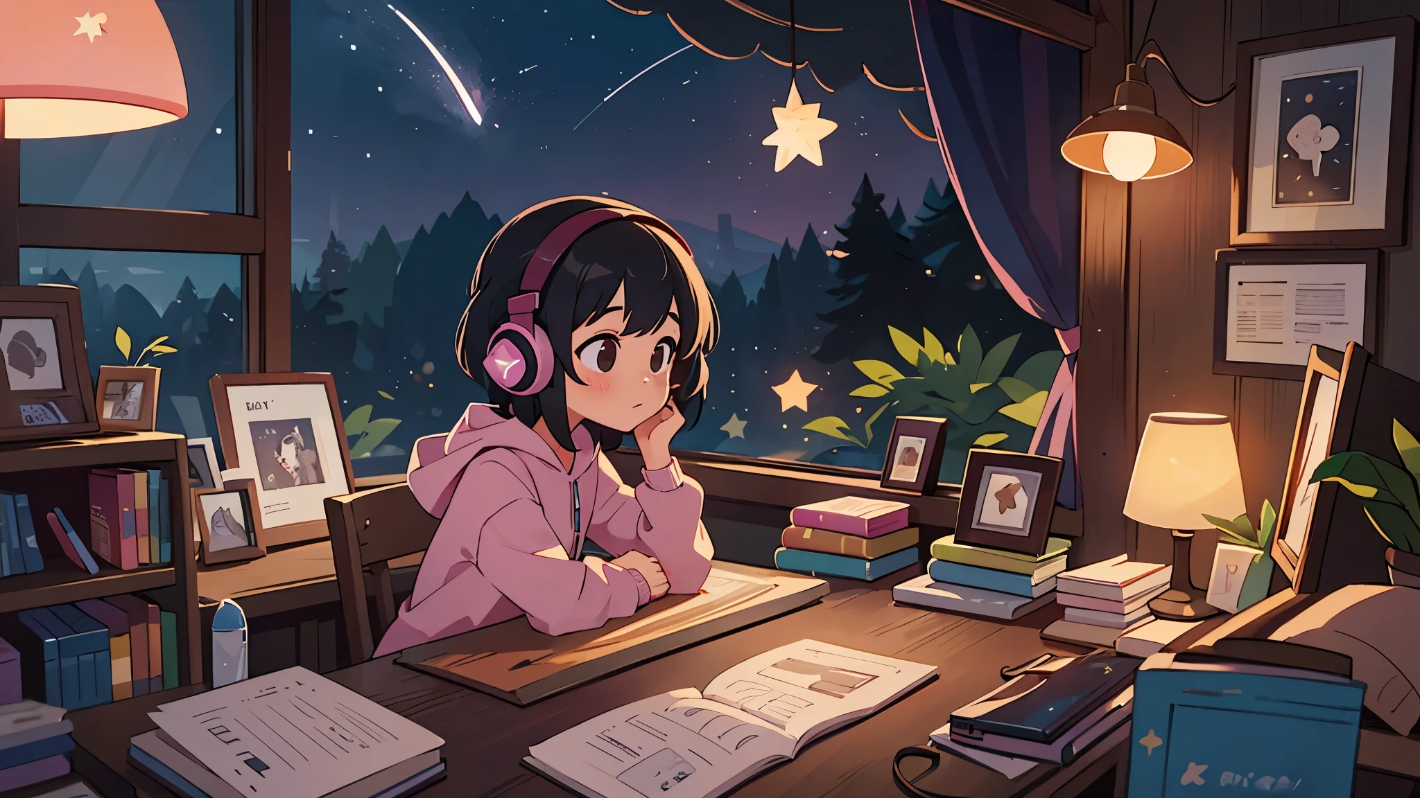 25-year-old girl listens to music with her headphones, using the computer, in a calm and relaxed environment, with short black hair, it is night, you can see fireflies and a beautiful landscape full of stars, at night, characters with a lot of detail in her hands and hair, a very detailed and outlined character and background, a lot of image clarity, wooden desk, lamp on the right side, books in the background, tidy room, view through the window, pink headphones in her ears, with the view on the computer, view of the character in third person from behind.