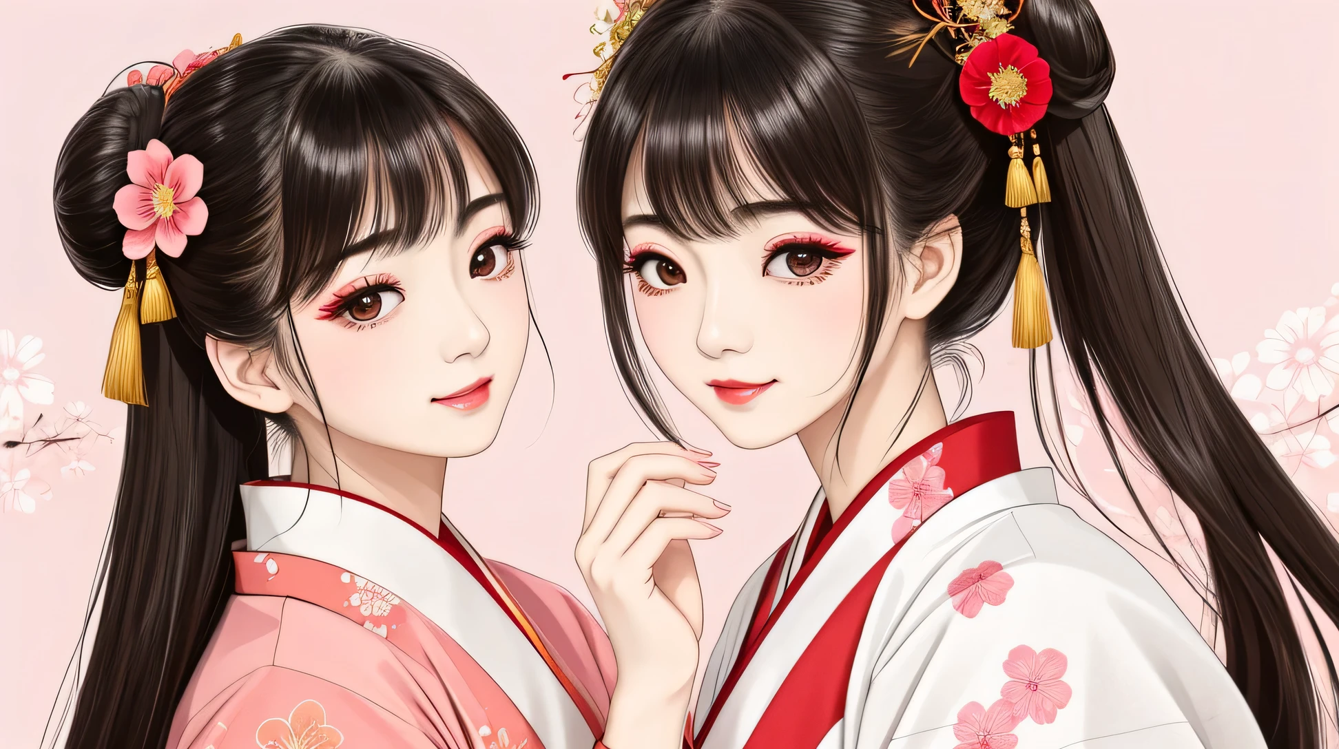 Each has a different expression2People and sisters、(2 girls)、⦅Dancing traditional performing arts gracefully)、((Big Breasts、Small Face、not exposed))、highest quality、masterpiece、(Black Hair、Bun Hair)、Brown Eyes、⦅Wide angle、Angle from above, from the waist up、Pause on the magazine cover、Each person has a different perspective when looking into the distance⦆、(8K high quality、masterpiece、High resolution、Realistic and beautiful light and shadow、(highest quality)、(High Resolution)、(Very delicate and beautiful)、(beautiful 8k face)、(Close your eyes while smiling、Beautiful eyes)、(Clear skin)、(soft hair)、(8Head to Body)、(Japanese-style yukata kimono with red, pink, and orange floral patterns on a white background, mixed with gold powder、wearing a yukata2Japanese beautiful girl)、((tanabata decoration background))、((Small Face))、(arms up)、thin and small nose、(Red lipstick)、(Make your cheeks red)、(Glossy skin)、((Ink painting style))、extremely thin eyebrows、Overall super high quality、(She wears maiko-style makeup)、Whitening、long and beautiful eyelashes、Glowing Skin、(red cheeks),straight nose、masterpiece、highest quality、whole body、 eyebrows visible through hair、Bun Hair、Grin、Gal、Kogal、Viewer's Eyes、Plaid、Stylish、woman、fine、Pause、
Waiting to start