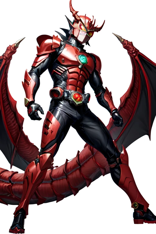 [(white background:1.5)::5], (bottle bottom:0.9), masterpiece,(full body:1.2),(masterpiece, ultra high res, 16k uhd, high quality),1man, kamen rider ryuki, balck and red armor, focus male,1man, background dragon and fire