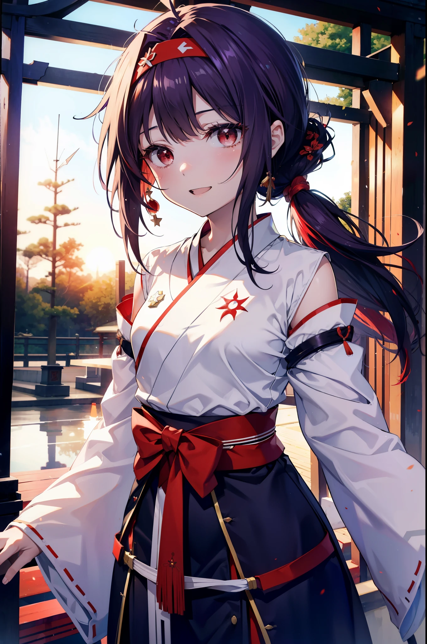 yuukikonno, Konno Yuuki, hair band, Long Hair, Pointed Ears, Purple Hair, (Red eyes:1.5), (Small breasts:1.2), Open your mouth,
happy smile, smile, Open your mouth,Platycodon grandiflorum,Miko, White Kimono,Purple Hakama Kimono, Wide sleeves, Long sleeve, Thick sleeves,Ribbon-trimmed sleeves, とてもLong Hair, Blunt bangs, Low ponytail, evening,sunset,太陽が沈んでいるbreak outdoors, shrine,torii, break looking at viewer, (Cowboy Shot:1.5), break (masterpiece:1.2), highest quality, High resolution, unity 8k wallpaper, (figure:0.8), (Beautiful fine details:1.6), Highly detailed face, Perfect lighting, Highly detailed CG, (Perfect hands, Perfect Anatomy),