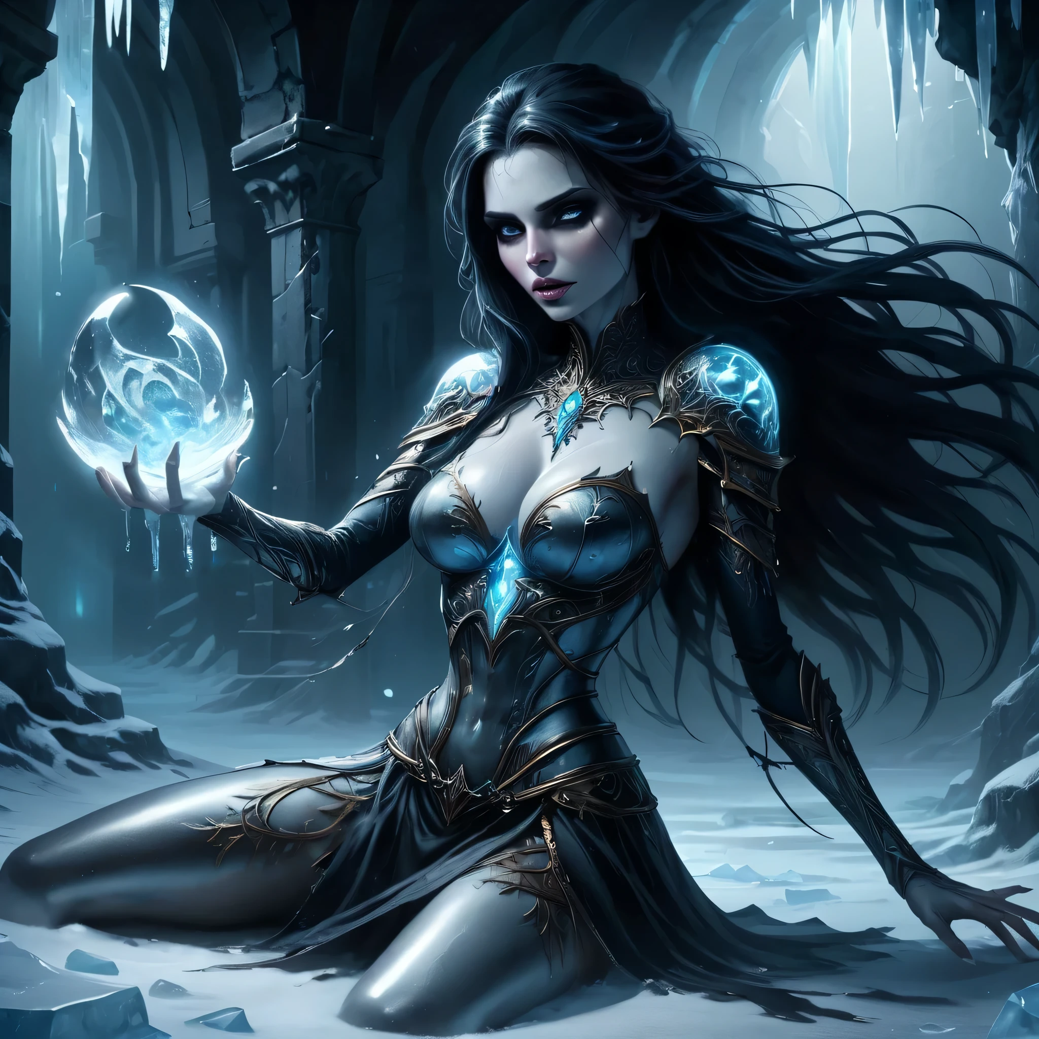 seductive powerfull evil maiden, long black hair, frozen limbs, icetendrils covering the body below the armor, undead skin, lying on her back on the ground in a evil dark ruined corrupted dark crypt, she is facing the ceiling, fullbody, tone mapped, detailed, highly detailed, digital painting, artstation, concept art, smooth, sharp focus, dead but living, thin lower body, the viewer is looking from high above down on her from above, glowing eyes (fantasy art, Masterpiece, best quality: 1.3), ((beautiful delicate face)), Ultra Detailed Face (intricate details, fantasy art, Masterpiece, best quality: 1.5), at night, skulls on the ground, big breasts, darkness, inky ice absorb all light and sound and moves like a living thing, tendrils of icereaching out from hair tips DonMM4g1cXL, glowing eyes, vampire, plain bronze iron armor with black hip-skirt, casting ice magic from hands DonMM4g1cXL, also wearing a bronze circlet
