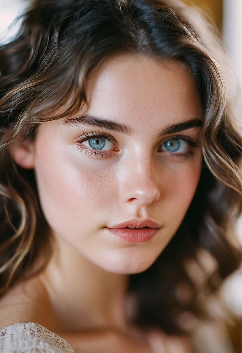 film portrait photography, 1girl, bare shoulders, wavy shoulder-length hair, serene, calm, (realistic detailed eyes, natural skin texture, realistic face details), soft dramatic lighting, depth of field, bokeh, vibrant details, finely detailed, hyperrealistic, 35mm film, hazy blur, filmg, 