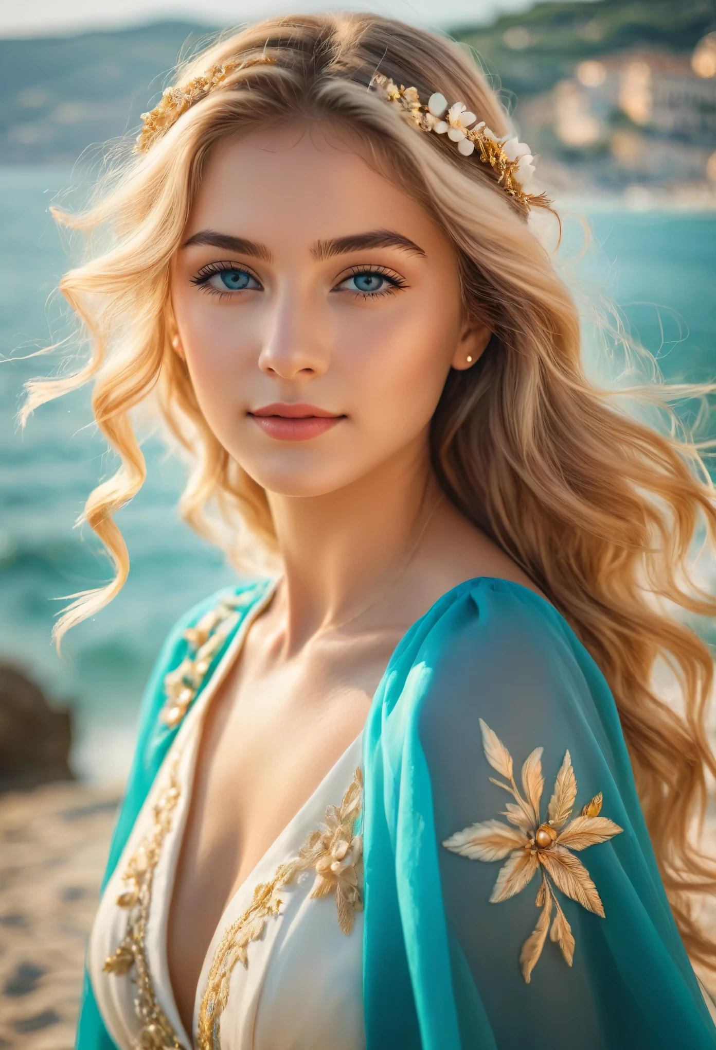 (best quality,4k,8k,highres,masterpiece:1.2),ultra-detailed,realistic:1.37,Italian Japanese mix,  beautiful girl,blonde hair,blue eyes, the Aegean Sea, (She has a cool pose like a fashion model.p:1.5), scenic beauty,sparkling turquoise water,white sand beaches,gentle sea breeze,charming smile,magical atmosphere,traditional Italian dress,feminine grace,natural sunlight illuminating her face,vivid colors,bokeh,portrait,seaside landscape,classic painting style,painterly feel,warm color palette,soft lighting effect