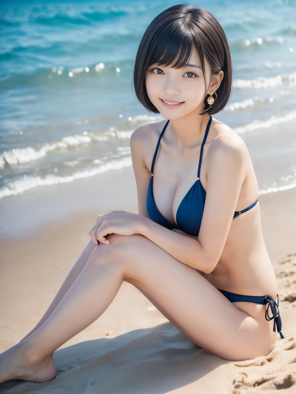 (Masterpiece, Best-quality, RAW-photo, Super-high-quality, Highest-quality, Photorealistic, 8K photo), 
(anatomically correct, accurate human body, realistic person, perfect fingers)
(Thin waist and busty style body, -yeld, Restic Japanese girl, short height, Kawaii Japanese, angelic beauty), 
(random colorful bikini), 
(See photographer, look at viewer, smile, whole body, full length, sitting, Bending knees, huging knees, tilted head:1.2), 
(maiko, angelic beauty, Round face, Black hair, Black eyes, Moist eyes, Shining eyes, Short bob cut, Bangs, Down-slating eyebrows, one little earring, photographer's lover), 
(gentle smile, look of love), 
(Seaside, sandy beach, clear skies, large number of beachgoers), 
(bright lighting, show the whole body)