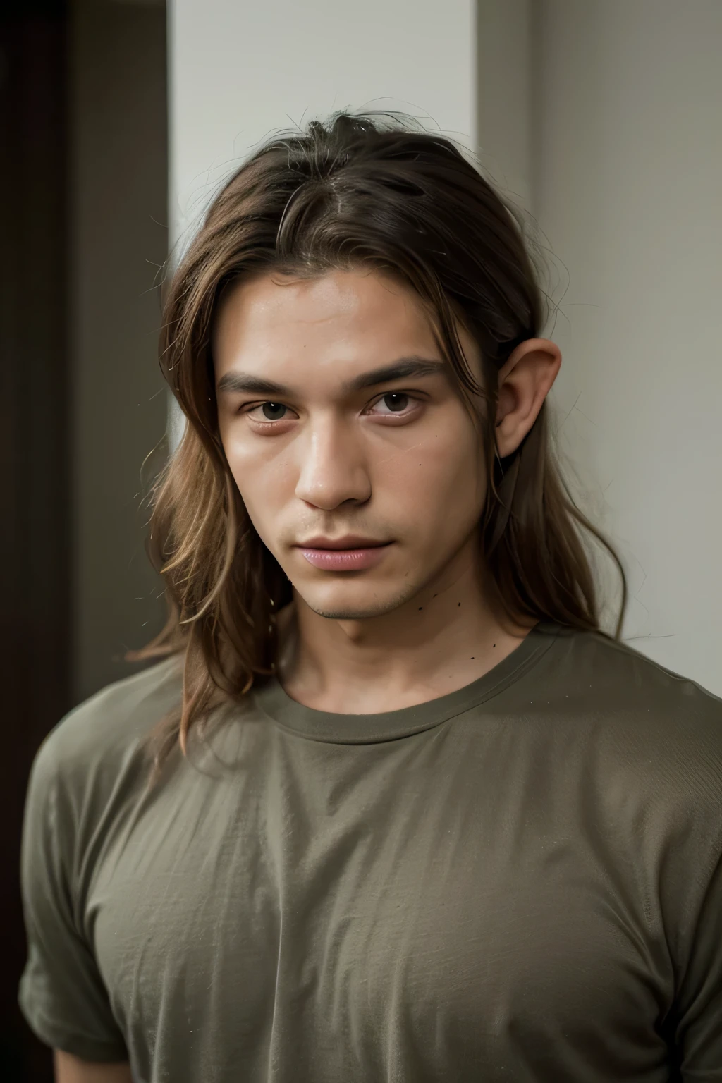 ((best quality)), ((masterpiece)), (detailed), perfect face, Male elf, manly, half Asian half European, olive skin, 6ft tall, lean muscular, strong, large long wide dark eyes, high cheek bones, friendly, brown hair with blonde hair streaks, pointed ears, masculine, mid-length small nose, green shirt