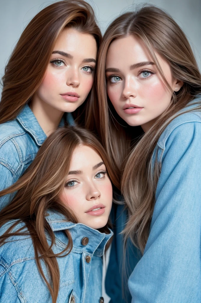 Professional photograph, best quality, 8K, hyper detailed, half body, A close up portrait of two gorgeous, beautiful, wonderful women, argentinian and russian females together posing for the camera, both women have super long hair, argentinian girl has brown hair and russian girl has dark blonde hair, the both of them are wearing winter clothing, both girls are wearing denim jackets. Both women are wonderful, dream, ethereal, timeless, majestic beauties from Argentina and Russia, they're glad and enjoying taking a picture. There are an argentinian and a russian flag at bottom