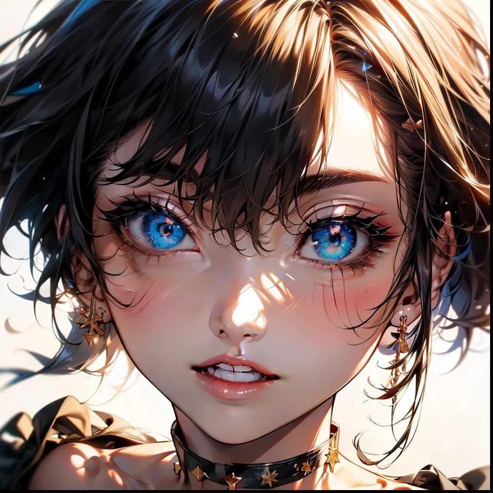 (Detailed eyes:1.4), beautiful, beautiful woman, Perfect Anatomy, Perfect body, Perfect breasts, ((choker:1.6)), Captivating Gaze, smile, realism, ((masterpiece, rough skin , Very detailed, Attention to detail, high quality, 最high quality, 1080p, 32k, Perfect Anatomy))