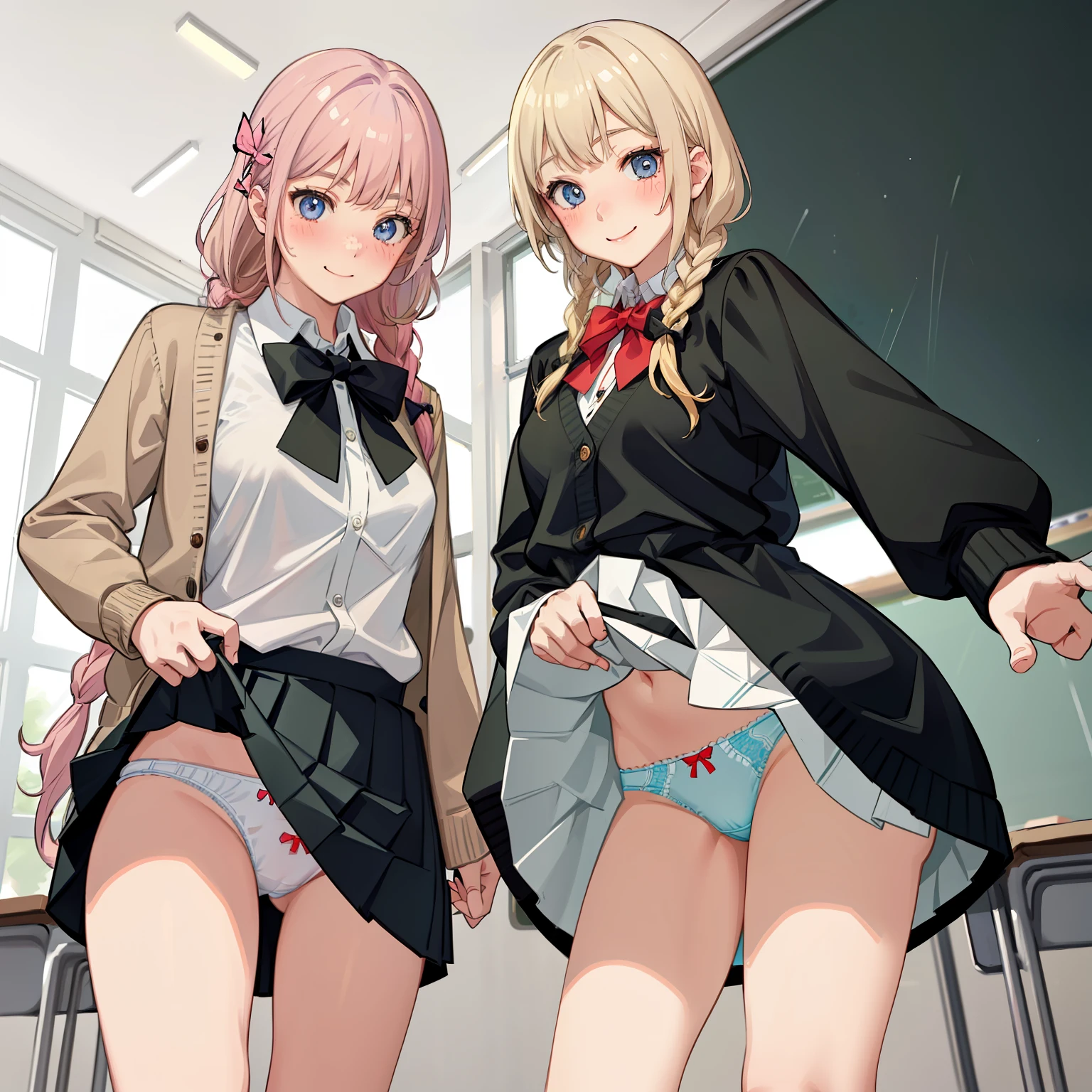((2 girls))、(smile:1.5)、Small breasts、(Cowboy Shot)、(fun!!)、(cardigan)、(Blonde)、(blush:1.4)、、(single braid)、(Eye highlights:1.3)、blake black shoes,(黒いskirt)、bow, button, shirt with collar, Long sleeve, ((red bow tie, , Black jacket, Open jacket, 茶色のcardigan, white shirt, 黒のskirt, チェック柄のskirt、white socks)),, shirt,, skirt, socks, Thighs, white shirt, Rest indoors, ((classroom:1.5))、 BREAK while watching the audience、(skirtを掴む:1.0)、 (Perfect hands, Perfect Anatomy),Cowboy Shot、(skirt lift:1.3),(Highly detailed panties:1.3)、(Highly detailed panties:1.3)、、(skirt that rolls up:1.3)、(Full-fledged panties:1.5)、Light blue eyes、