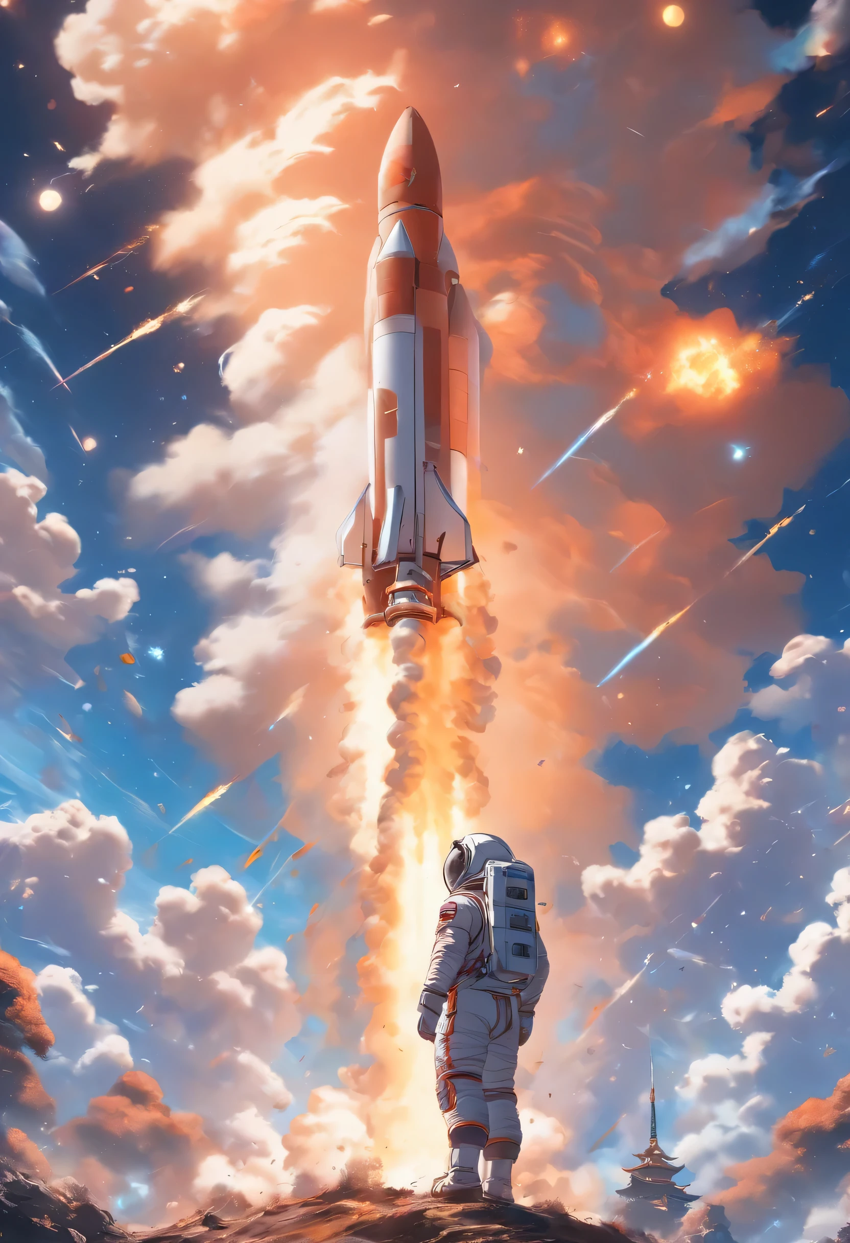 Chinese style，rocket launching into the sky，astronaut，moon，highly detailed surreal vfx，Soil，Ultra-fine，Ultra Detailed，high quality，8k ，oc rendering，Full body view