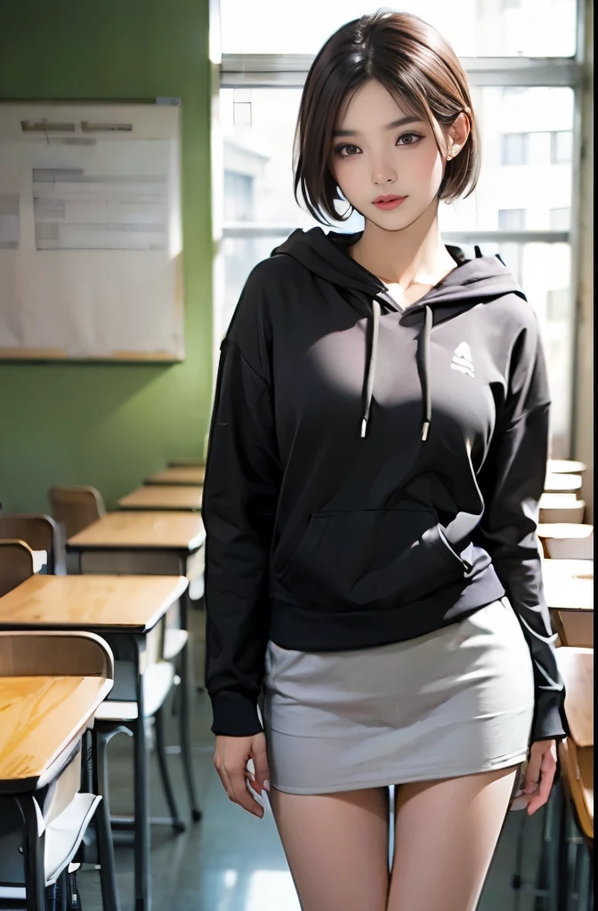 1 Girl、A boyish beautiful girl with short black hair、Baby Face、Looks young、slender、healthy thighs、hoodie、Miniskirt、Knee-high、Anatomically correct、precise fingers、exact limbasterpiece、Photorealism、In the classroom、