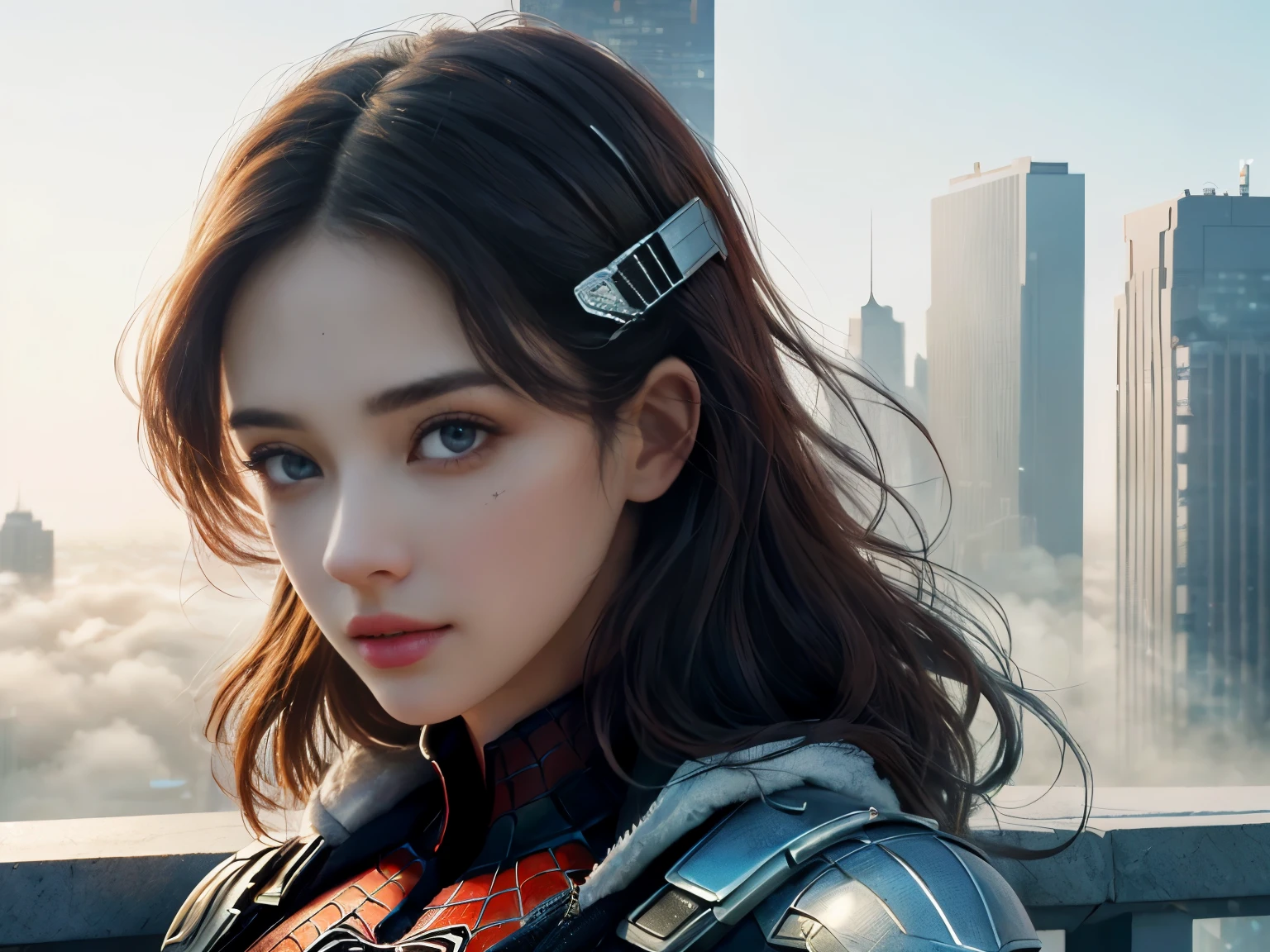A woman in a futuristic suit standing in front of a city - SeaArt AI