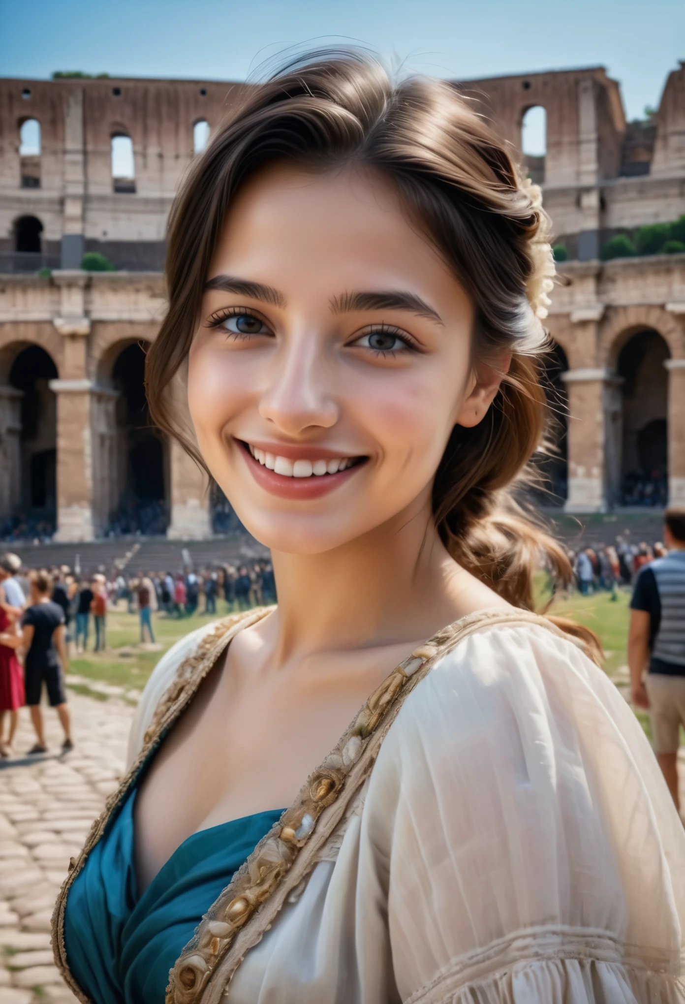 (best quality,highres:1.2),ultra-detailed,historical portraits,beautiful detailed eyes,beautiful detailed lips,gorgeous Italian girls,15yo, Colosseum,memorable photo,traditional clothes,shoulder to shoulder,smiling faces,vibrant colors,medium:oil painting,soft natural light,classic composition,historical charm,authentic Italian atmosphere,impressive architecture,ancient ruins,romantic ambiance,tourist attraction,grand scale,scenic backdrop,classic poses,emotional connection,joyful moment,genuine happiness