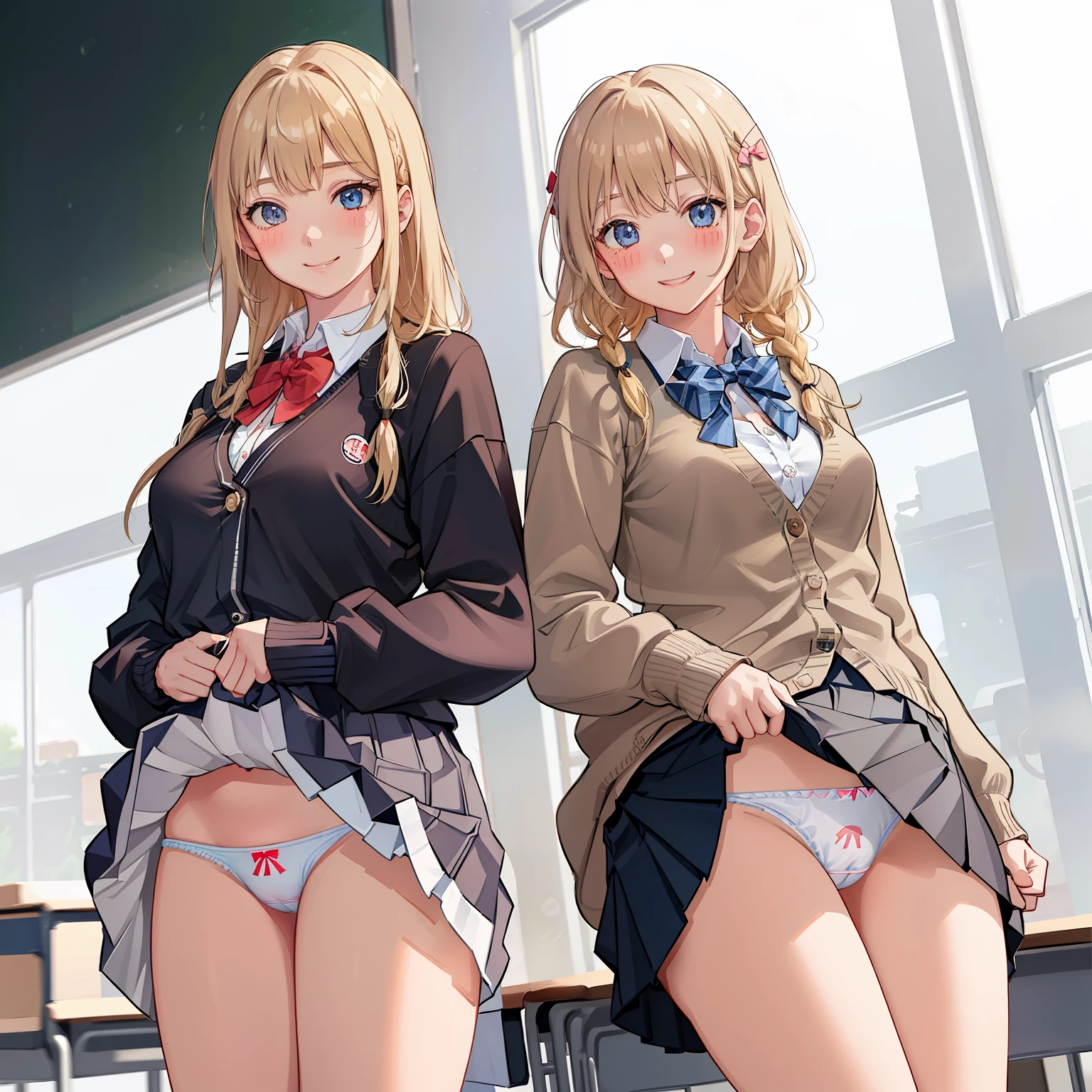 ((2 girls))、(smile:1.5)、Small breasts、（Cowboy Shot）、(fun!!)、(cardigan)、(Blonde)、(blush:1.4)、、(single braid)、(Eye highlights:1.3)、blake black shoes,(黒いskirt)、bow, button, shirt with collar, Long sleeve,  ((red bow tie, , Black jacket, Open jacket, 茶色のcardigan, white shirt, 黒のskirt, チェック柄のskirt、white socks)),, shirt,, skirt, socks, Thighs, white shirt, Rest indoors, ((classroom:1.5))、 BREAK while watching the audience、(skirtを掴む:1.0)、 (Perfect hands, Perfect Anatomy),Cowboy Shot、(skirt lift:1.3),(Highly detailed panties:1.3)、(Highly detailed panties:1.3)、、(skirt that rolls up:1.3)、(Full-fledged panties:1.5)、Light blue eyes、