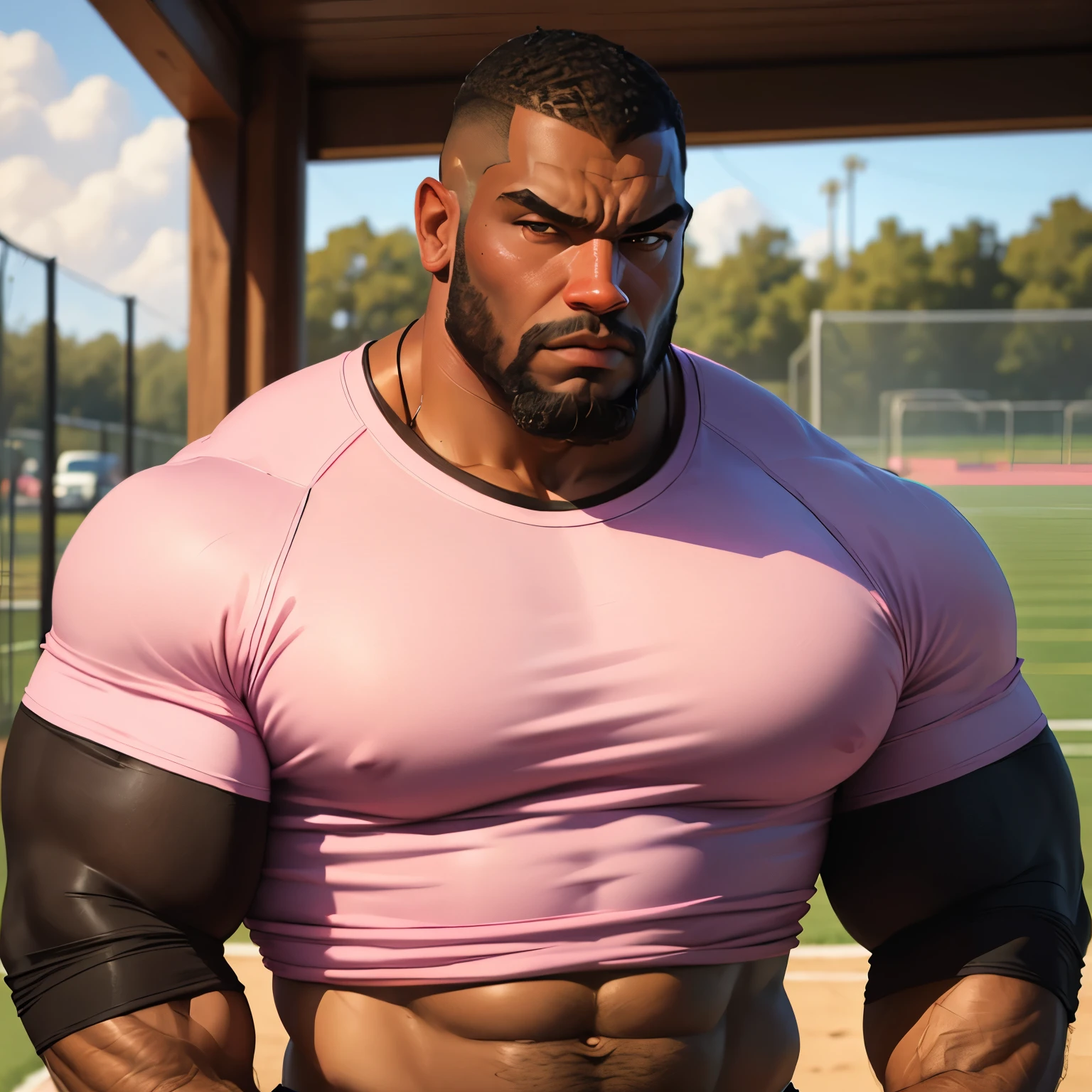 an exaggeratedly muscular and large bodyguard, beefy build, beard, dark-skinned african american male, buzzcut hair with square line, (stern expression: 1.2), (wearing pink raglan shirt: 1.2), (shirt showing midriff:1.1), school logo on shirt, (bara pecs: 1.3), (arm and chest hair: 1.1), close-up portrait HD, (cowboy angle), (sports field)